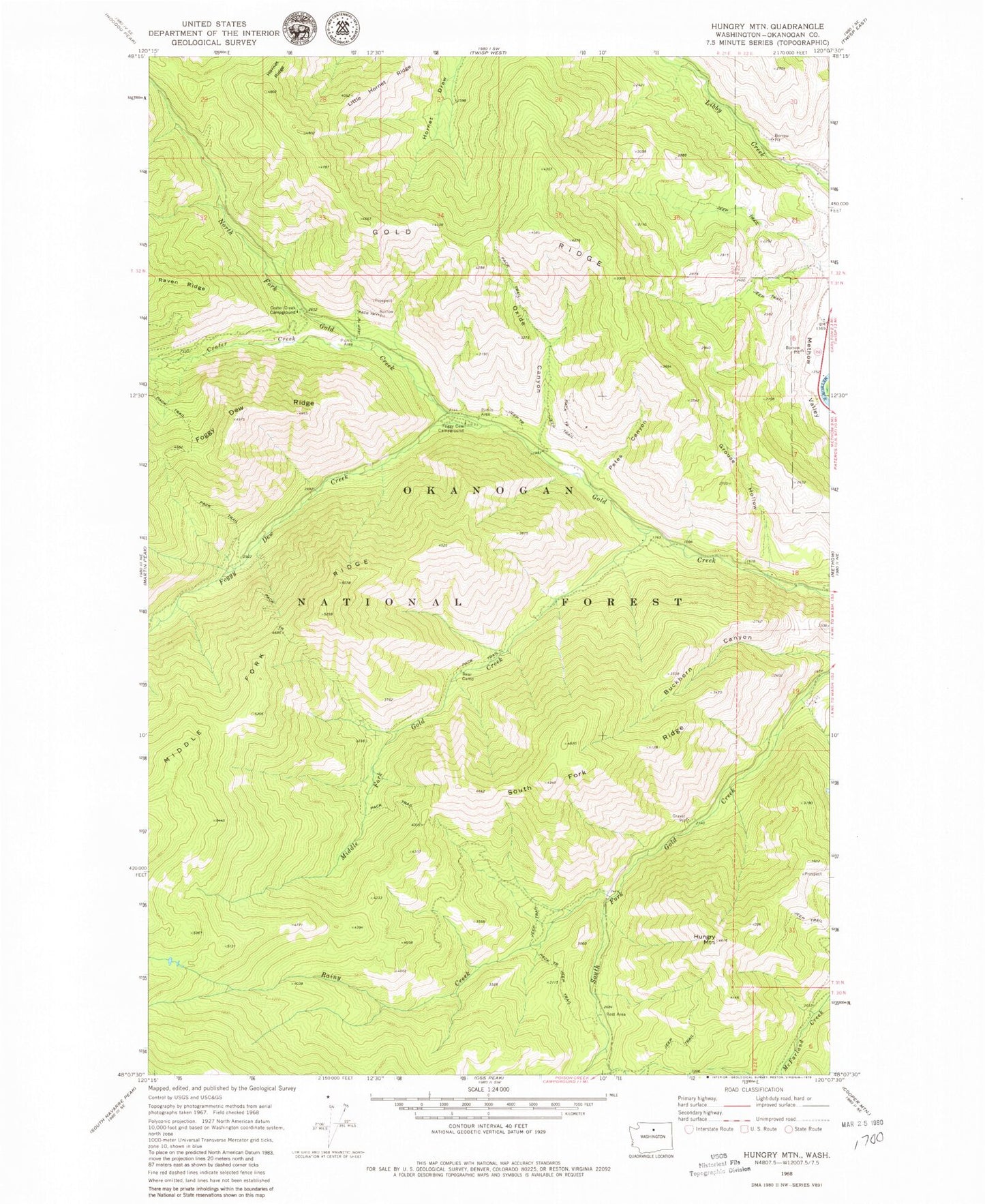 Classic USGS Hungry Mountain Washington 7.5'x7.5' Topo Map Image