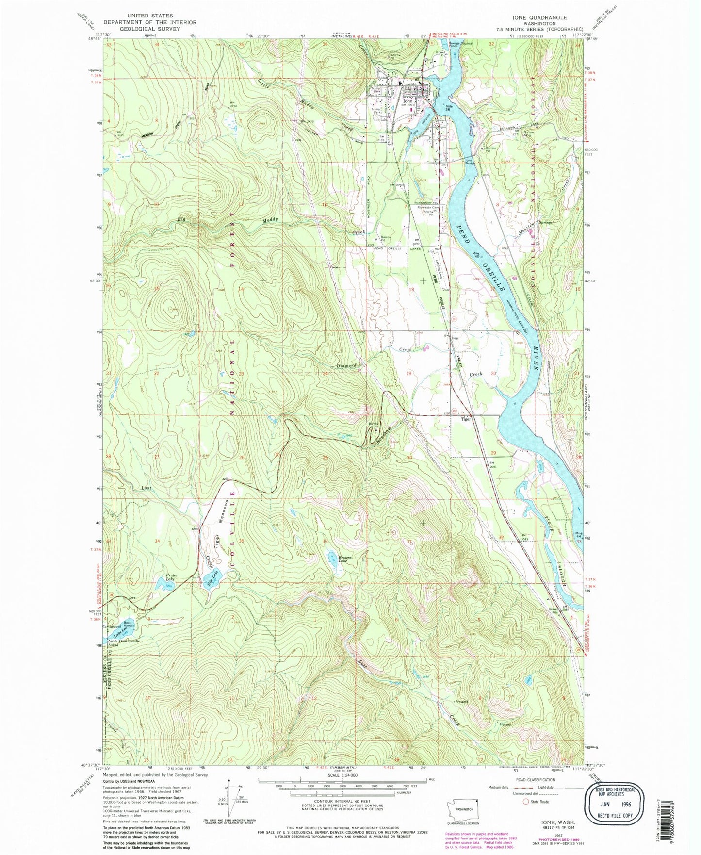 Classic USGS Ione Washington 7.5'x7.5' Topo Map Image