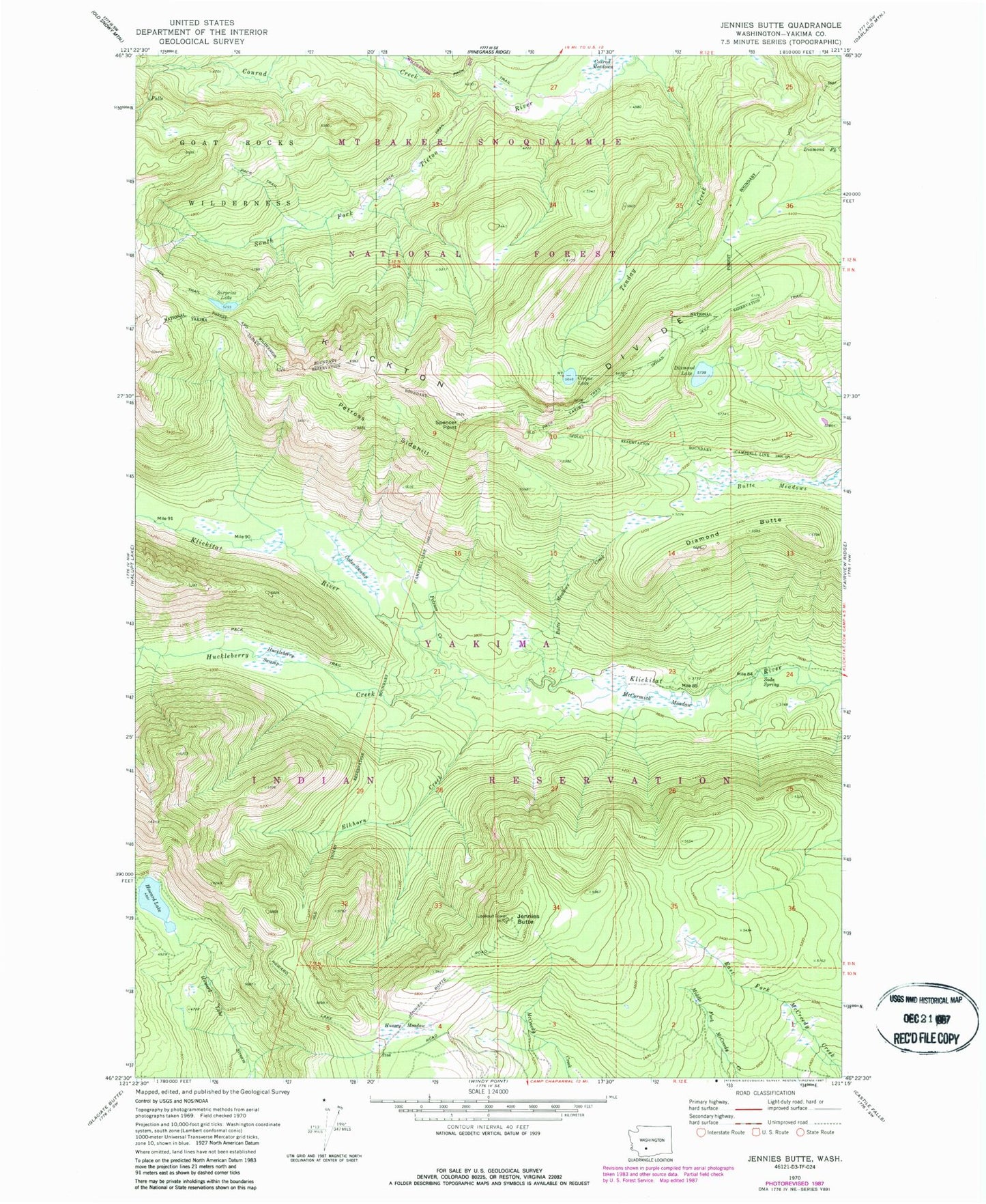 Classic USGS Jennies Butte Washington 7.5'x7.5' Topo Map Image