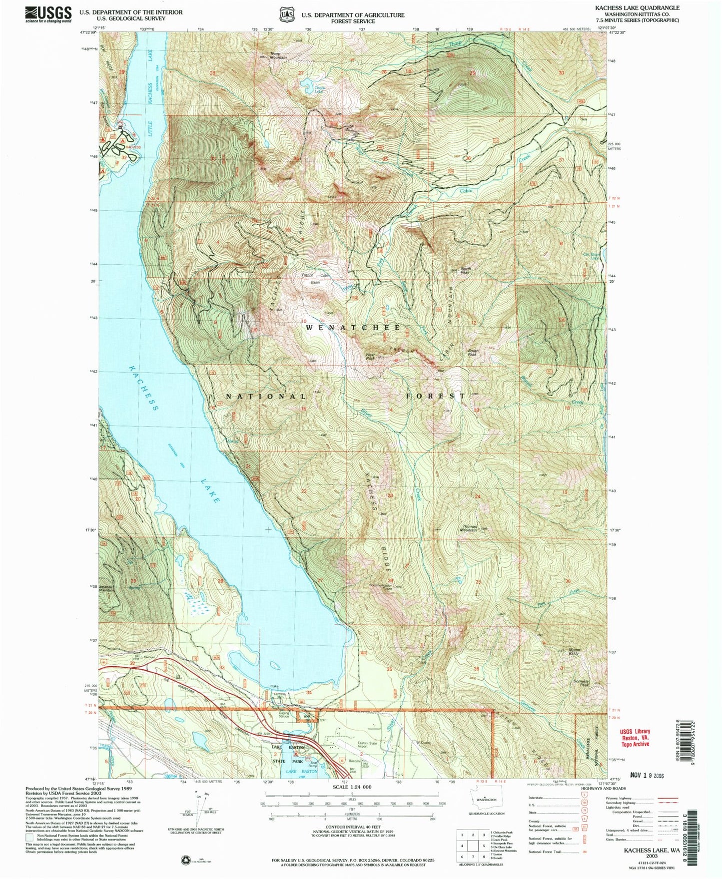 Classic USGS Kachess Lake Washington 7.5'x7.5' Topo Map Image