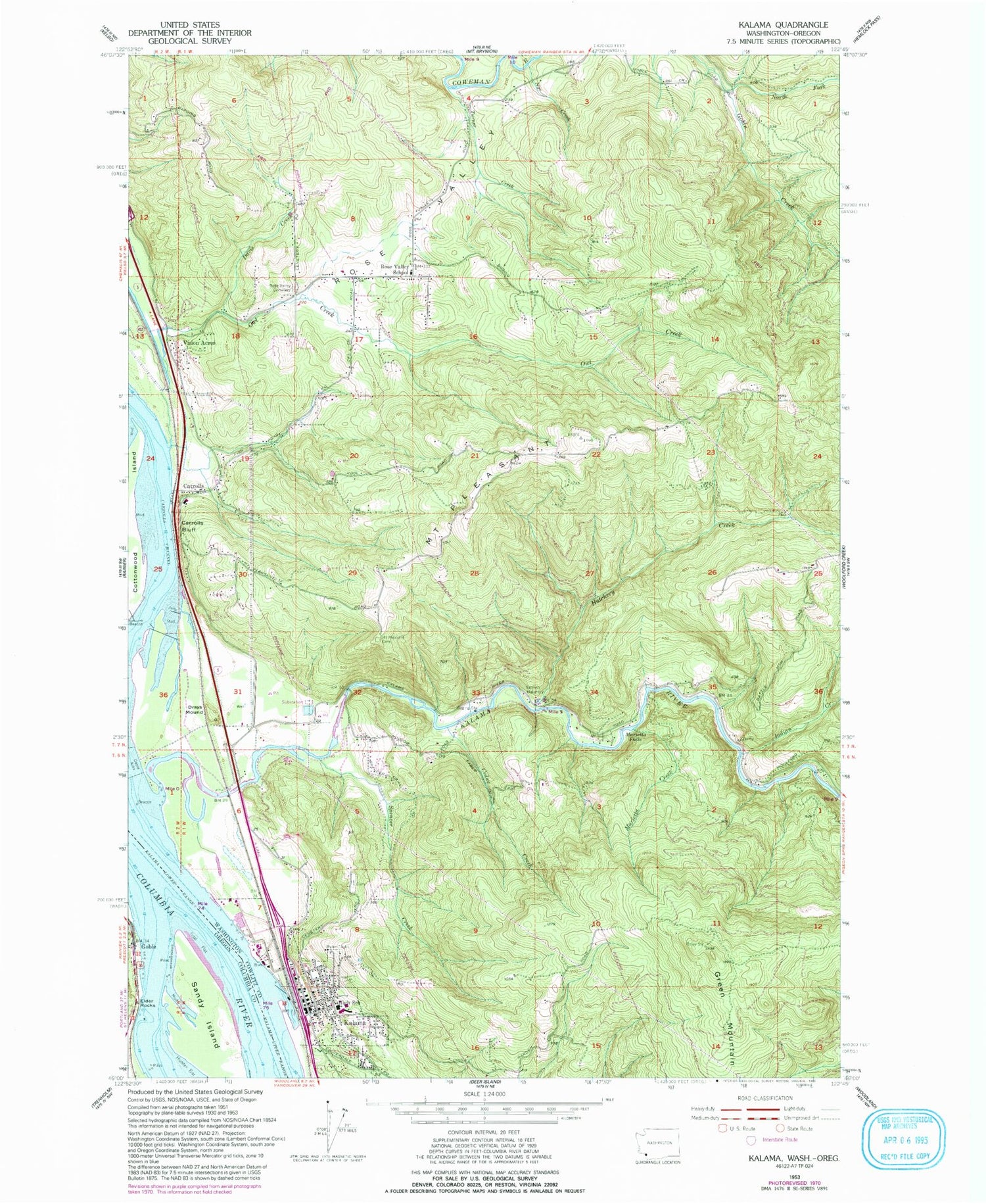 Classic USGS Kalama Washington 7.5'x7.5' Topo Map Image