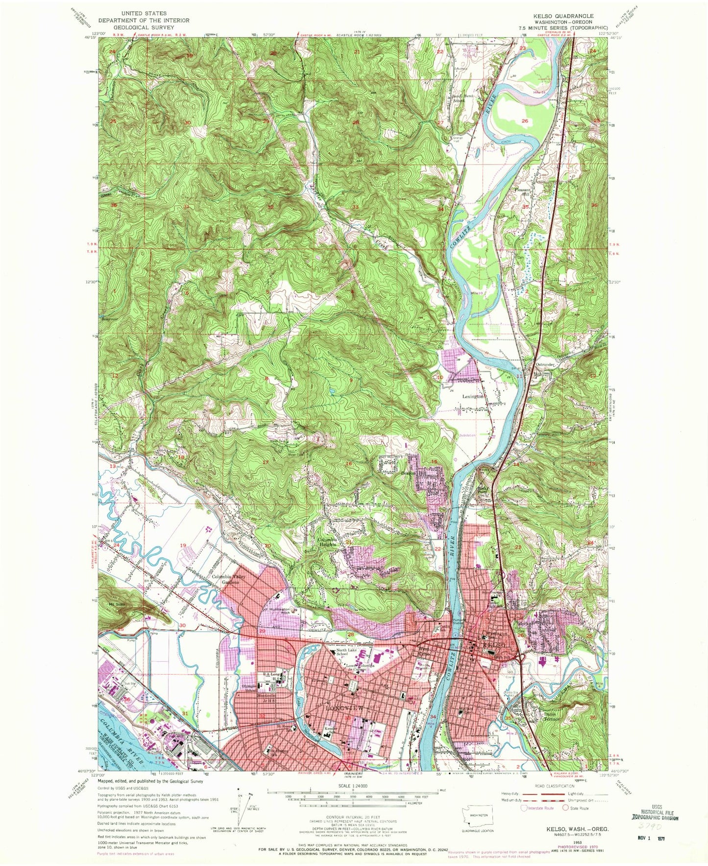 Classic USGS Kelso Washington 7.5'x7.5' Topo Map Image