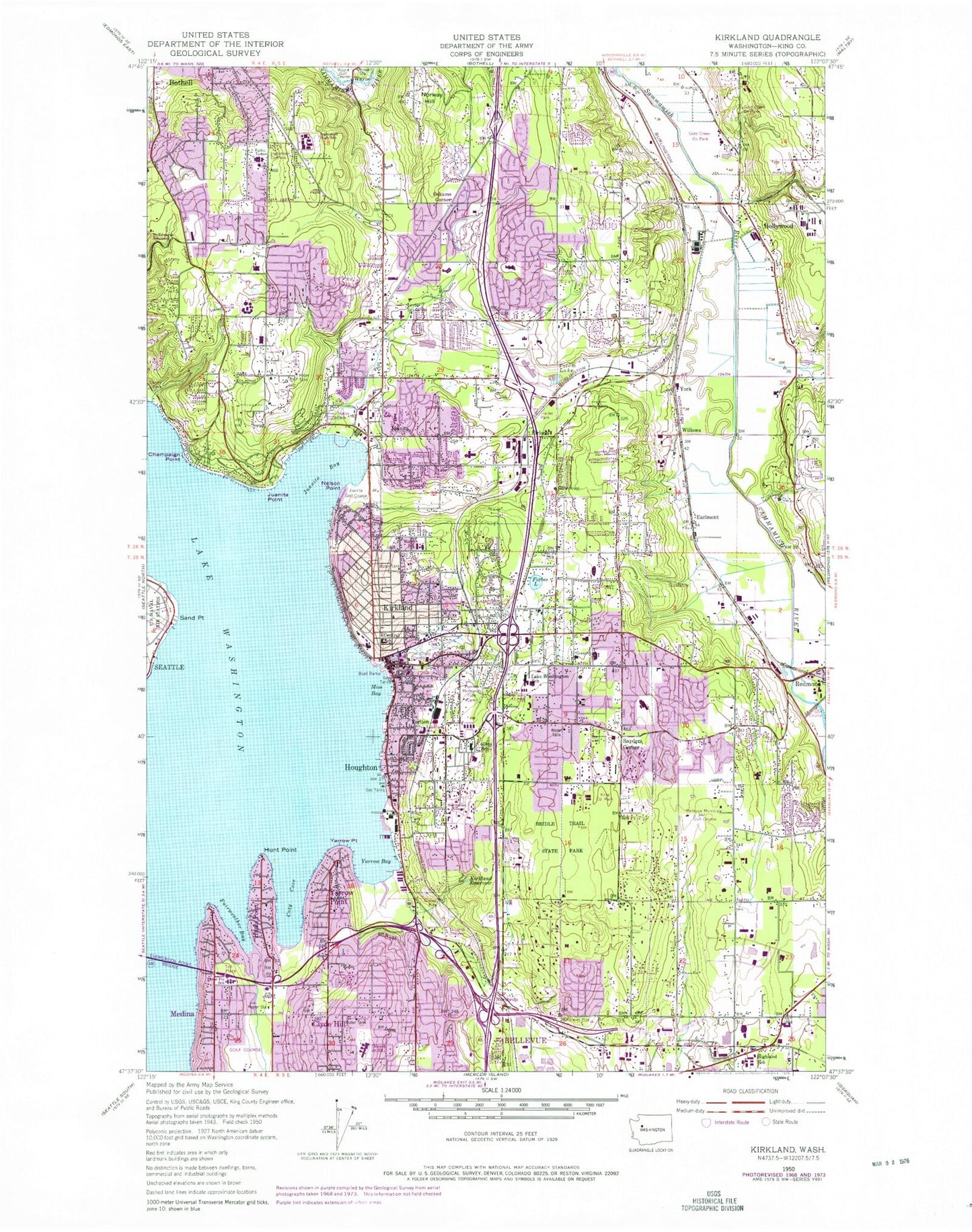 Classic USGS Kirkland Washington 7.5'x7.5' Topo Map Image