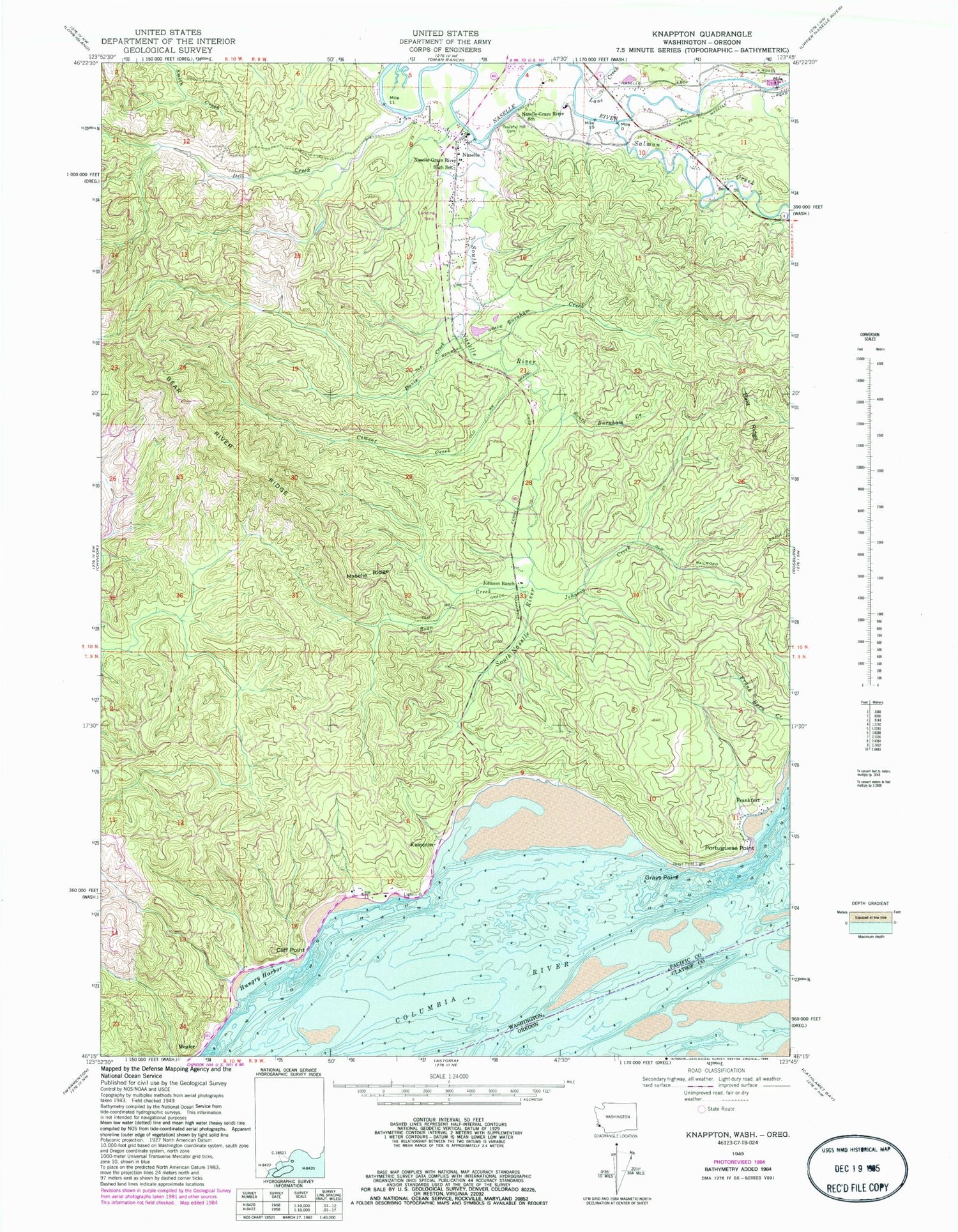 Classic USGS Knappton Washington 7.5'x7.5' Topo Map Image