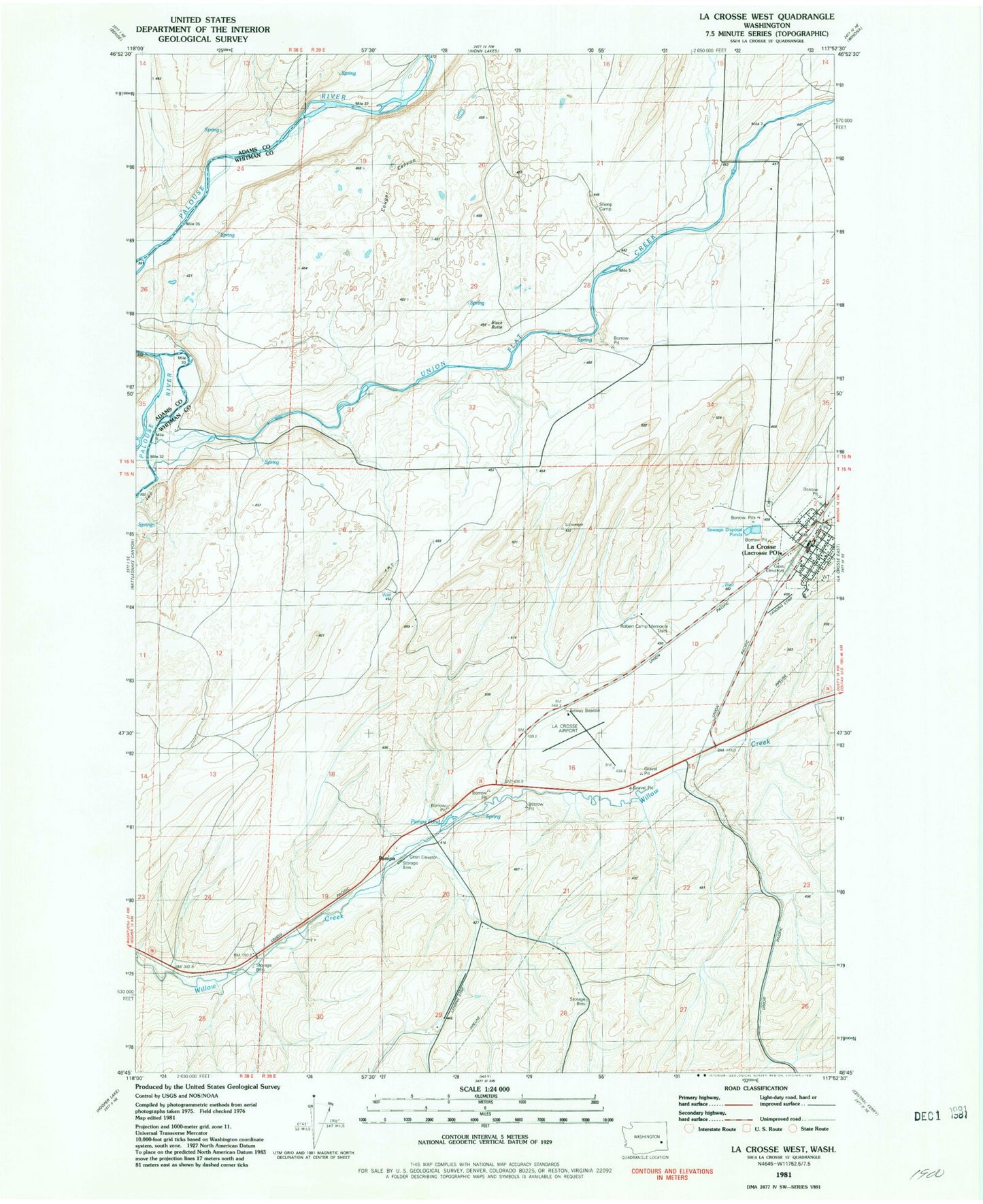 Classic USGS La Crosse West Washington 7.5'x7.5' Topo Map Image