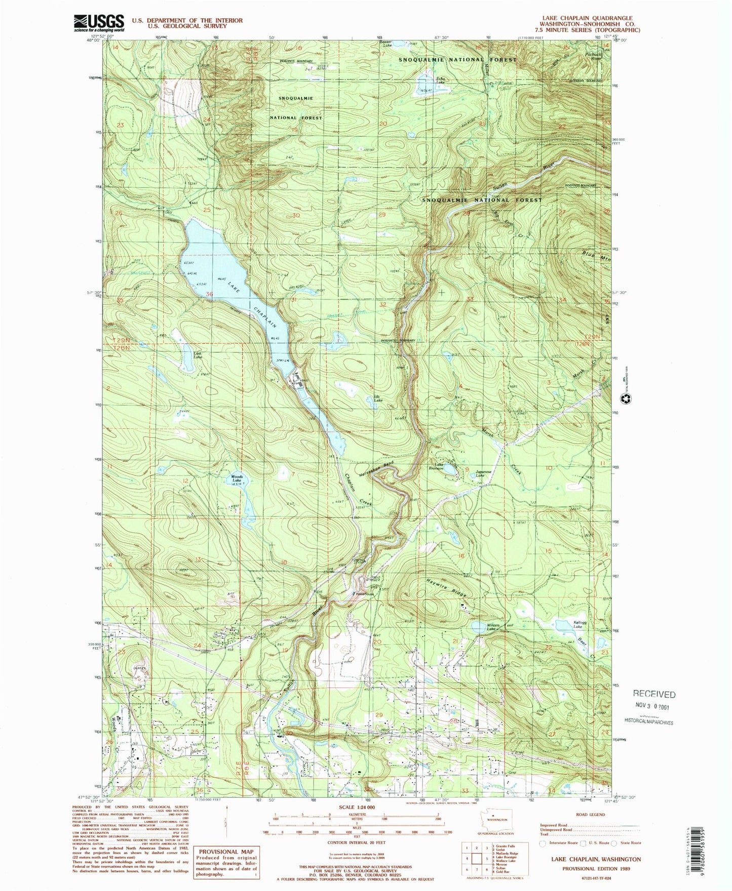 Classic USGS Lake Chaplain Washington 7.5'x7.5' Topo Map Image