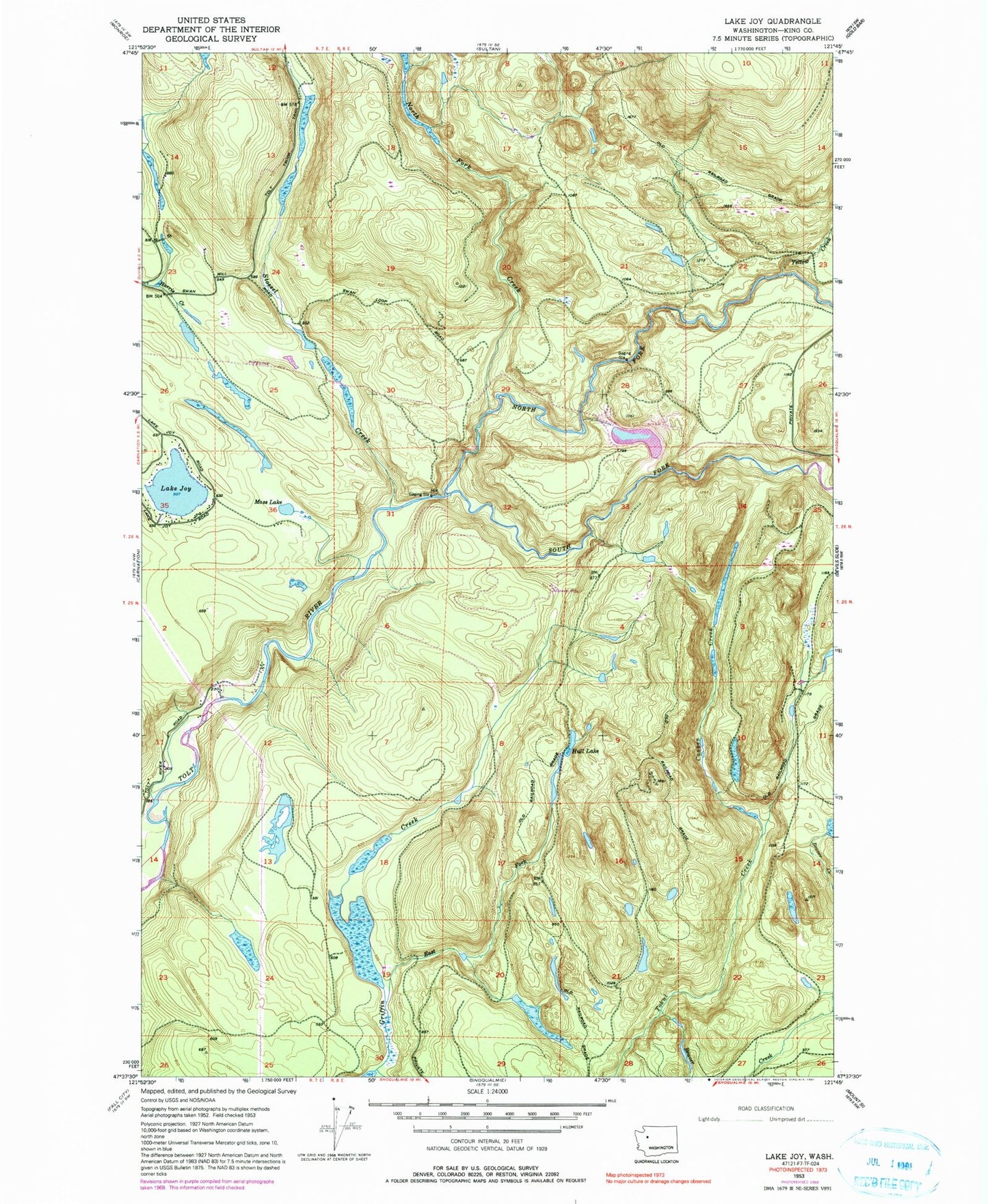 Classic USGS Lake Joy Washington 7.5'x7.5' Topo Map Image