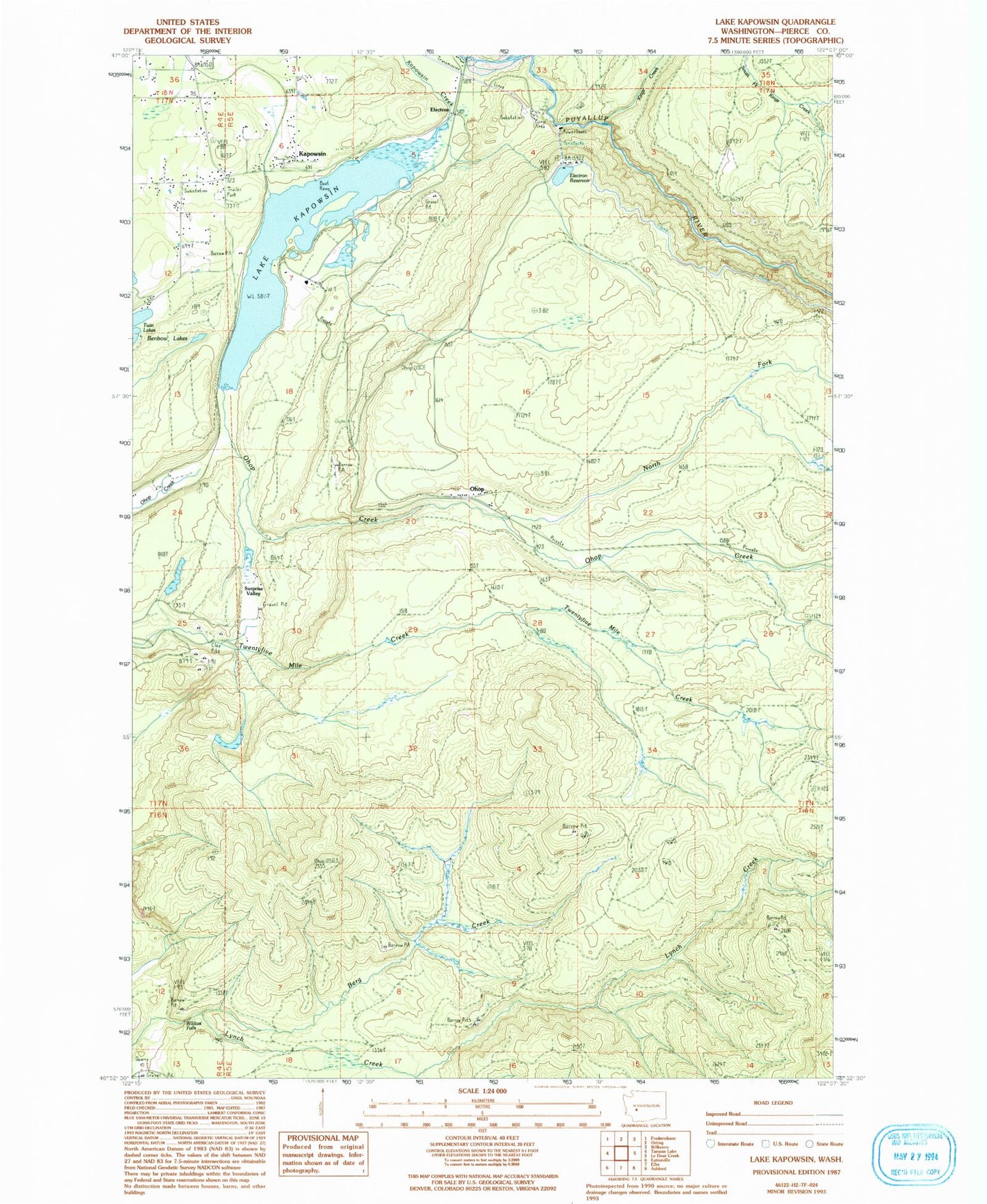 Classic USGS Lake Kapowsin Washington 7.5'x7.5' Topo Map Image