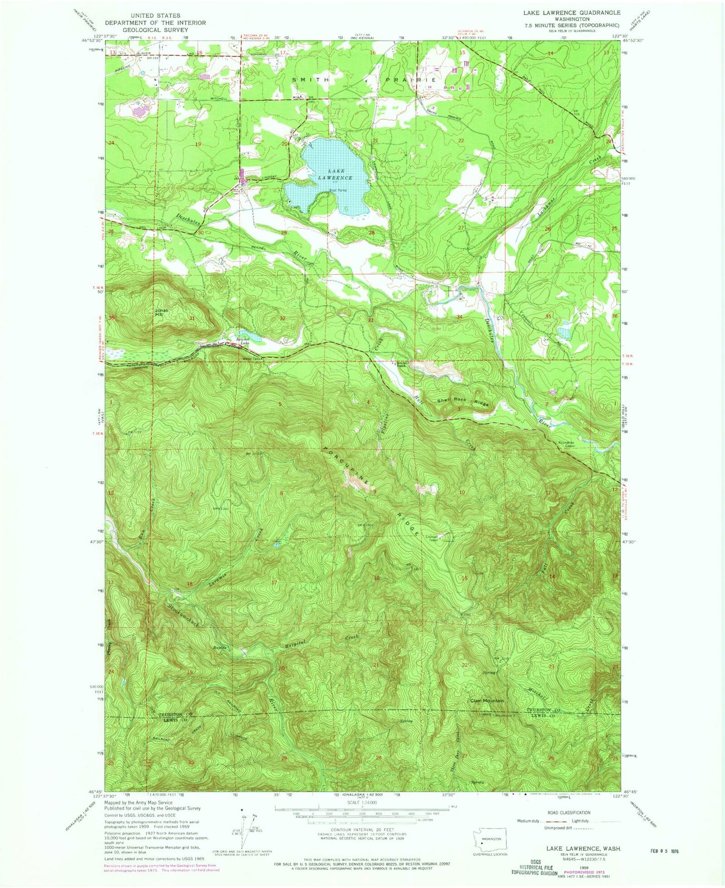 Classic USGS Lake Lawrence Washington 7.5'x7.5' Topo Map Image
