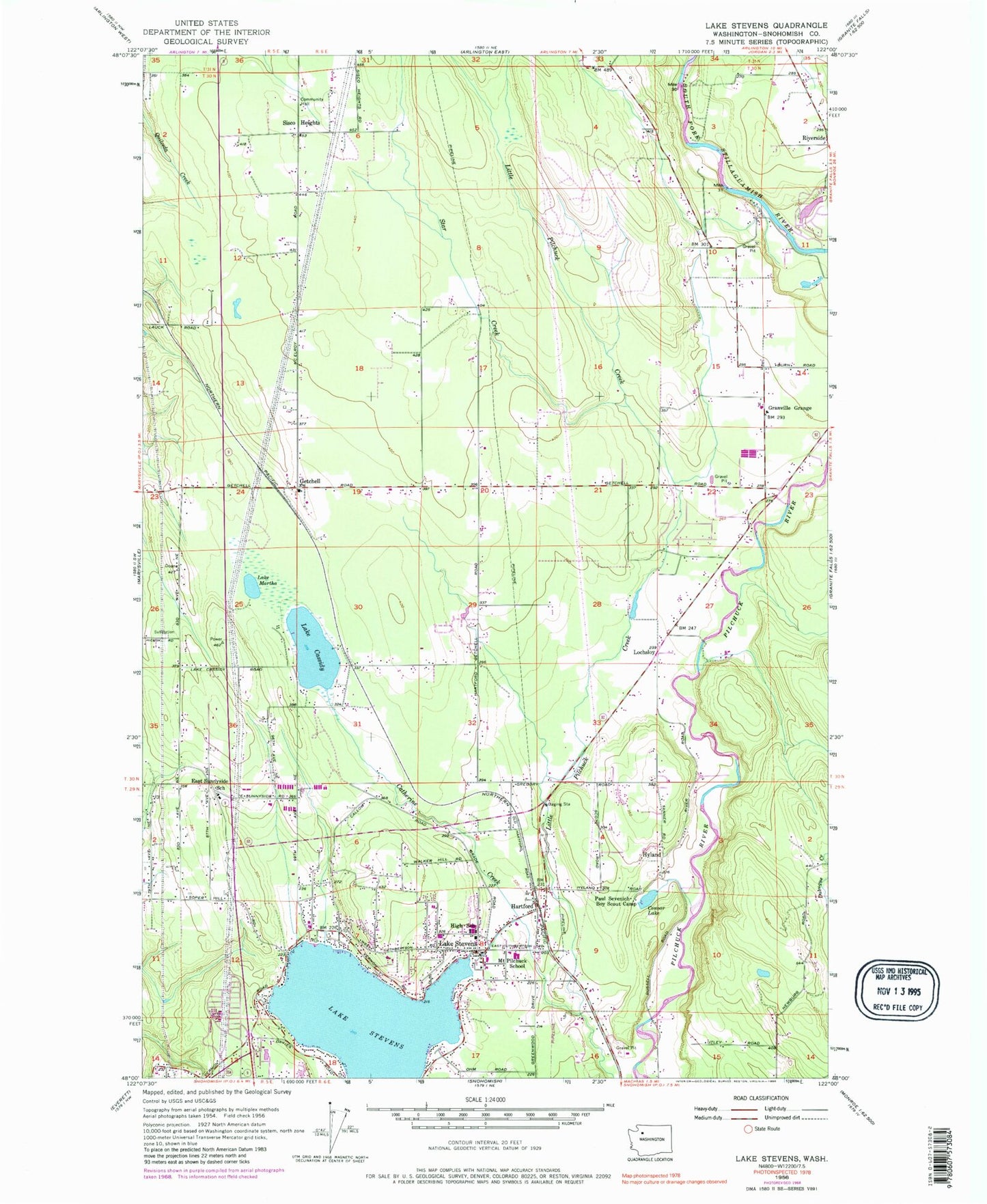 Classic USGS Lake Stevens Washington 7.5'x7.5' Topo Map Image