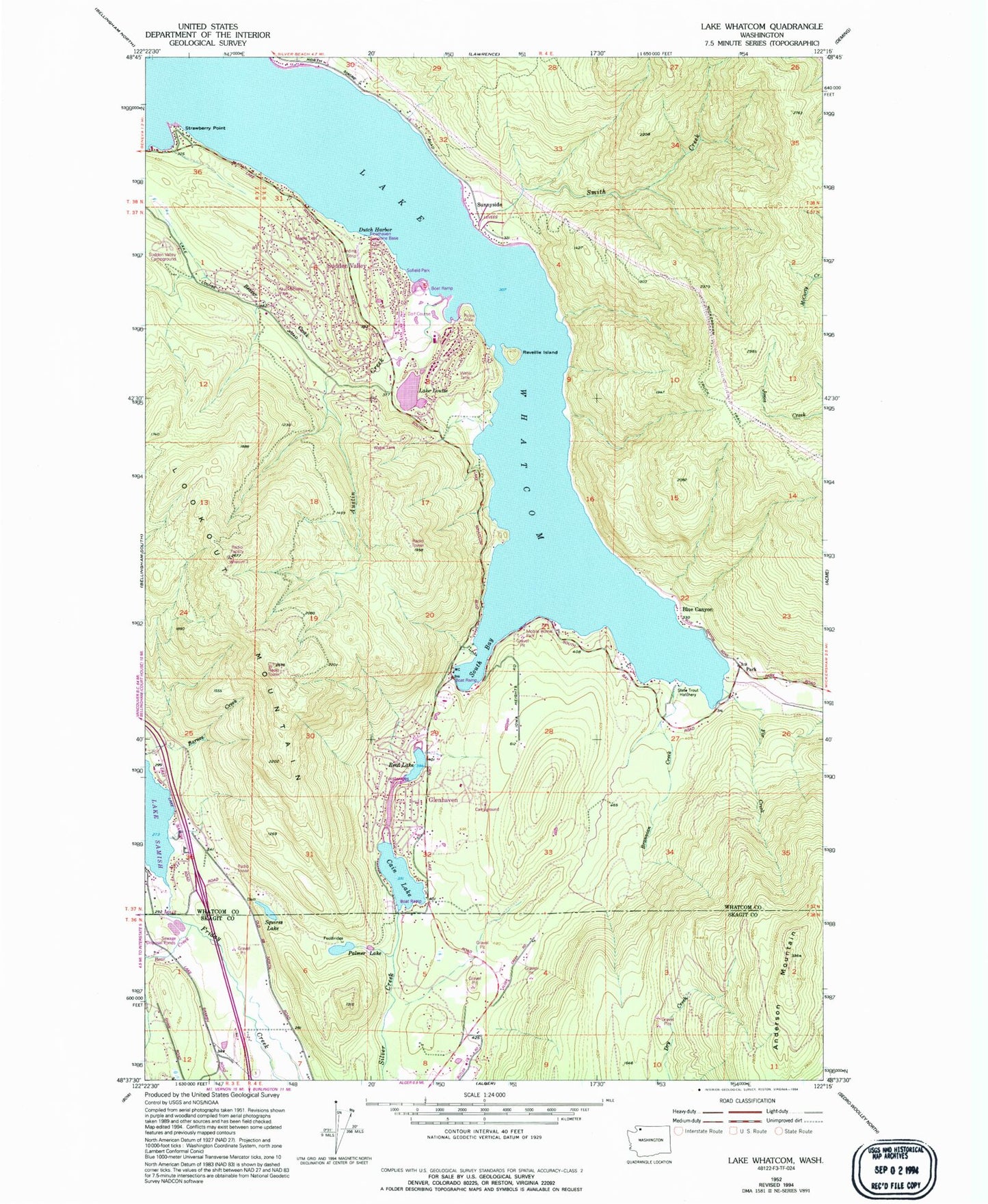 Classic USGS Lake Whatcom Washington 7.5'x7.5' Topo Map Image