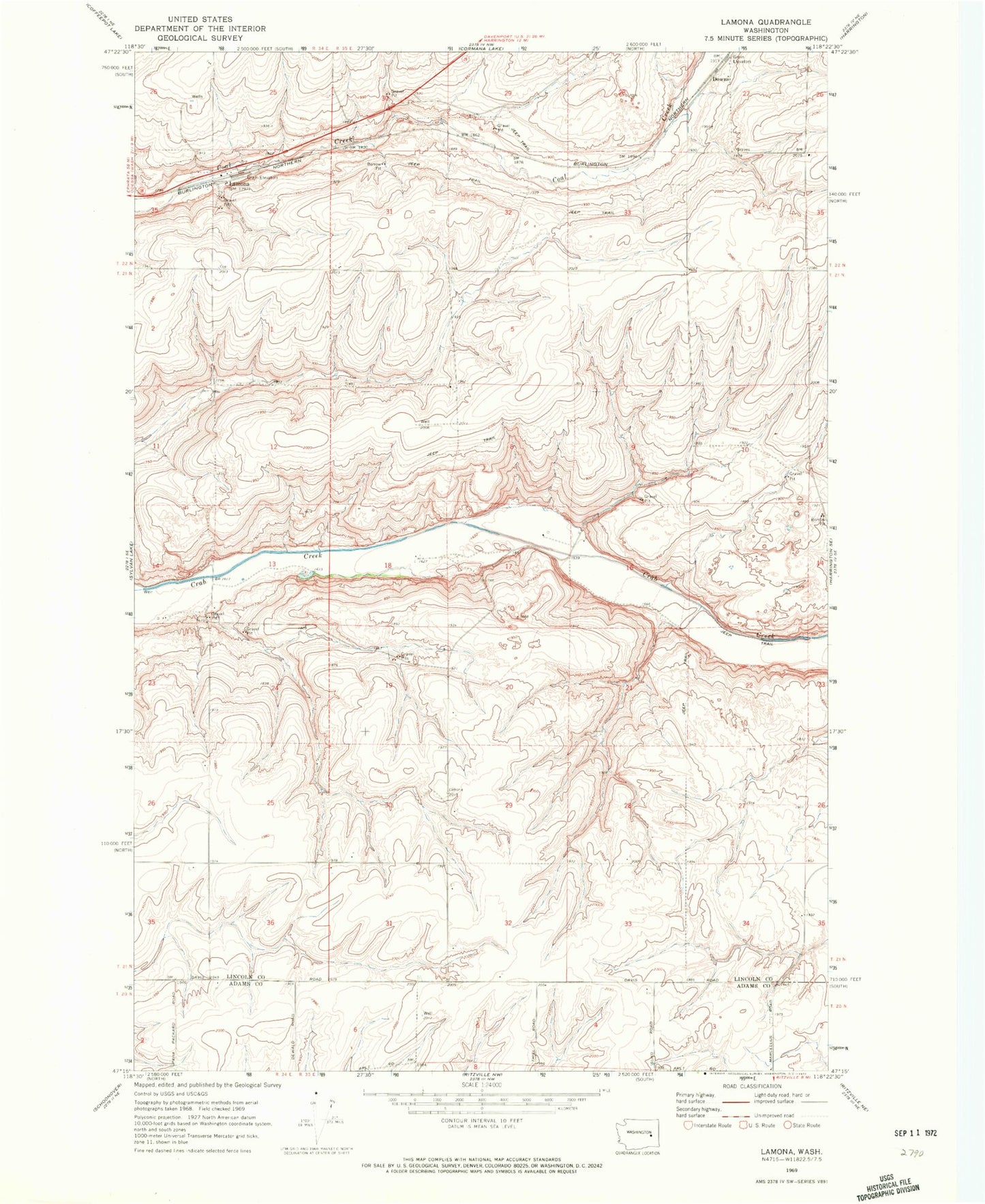 Classic USGS Lamona Washington 7.5'x7.5' Topo Map Image
