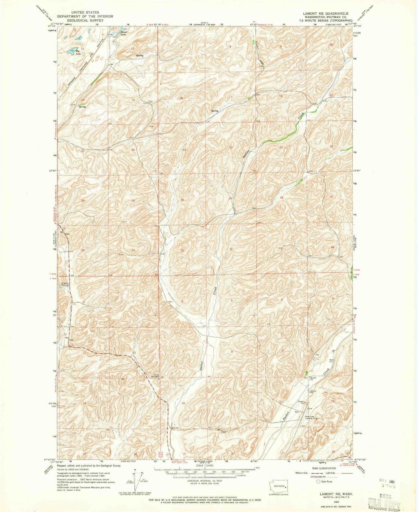 Classic USGS Lamont NE Washington 7.5'x7.5' Topo Map Image