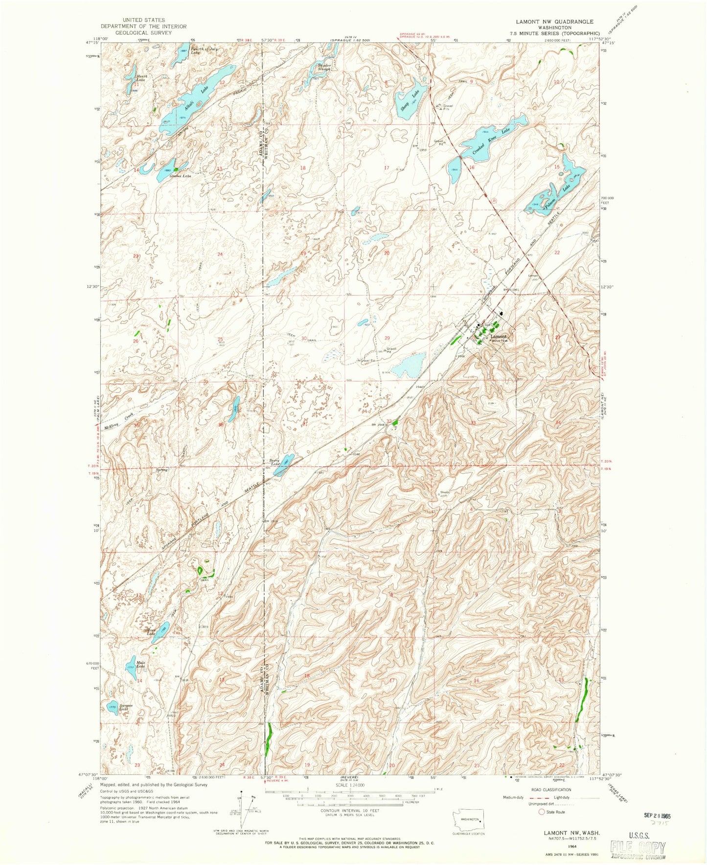 Classic USGS Lamont Washington 7.5'x7.5' Topo Map Image