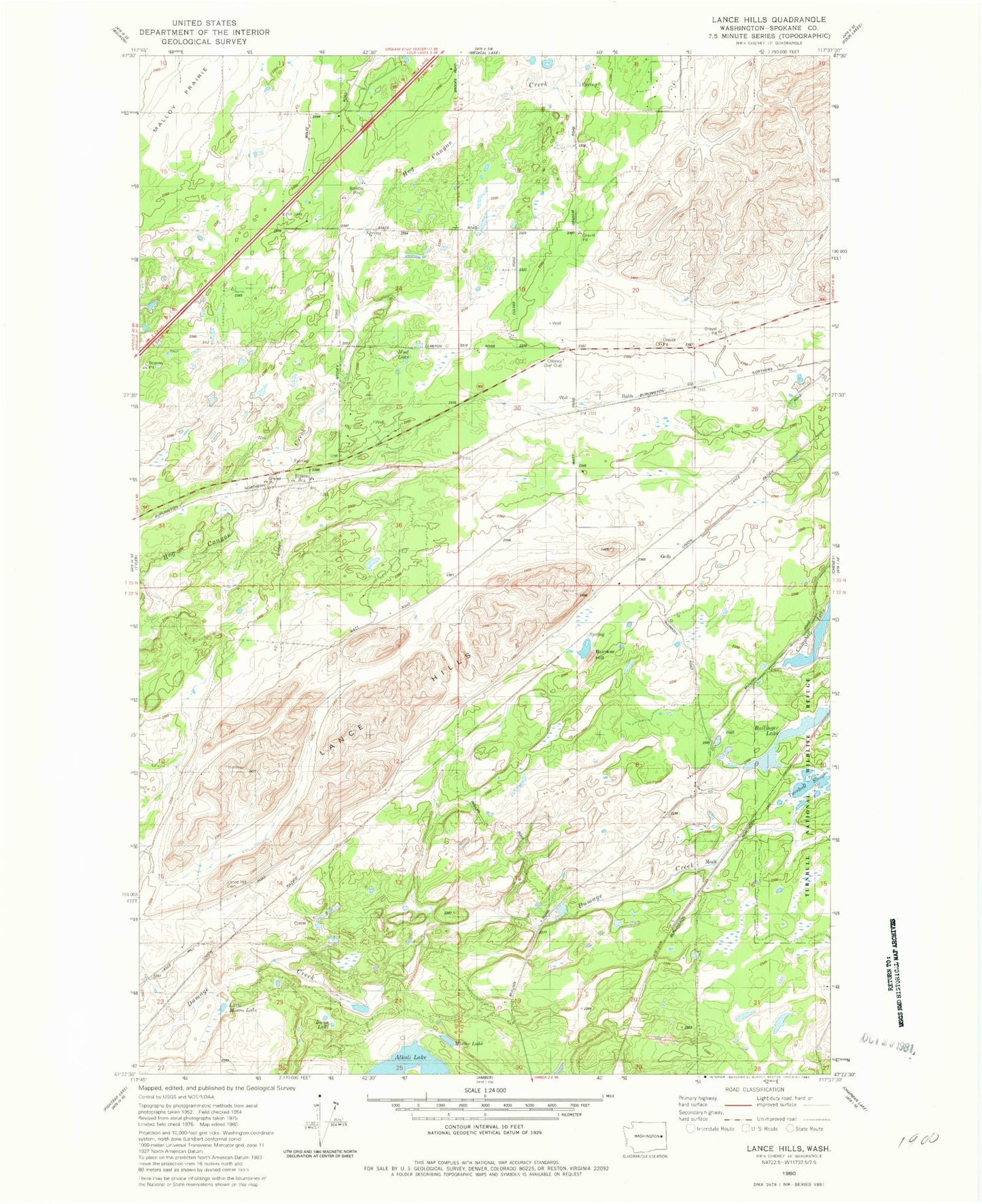 Classic USGS Lance Hills Washington 7.5'x7.5' Topo Map Image