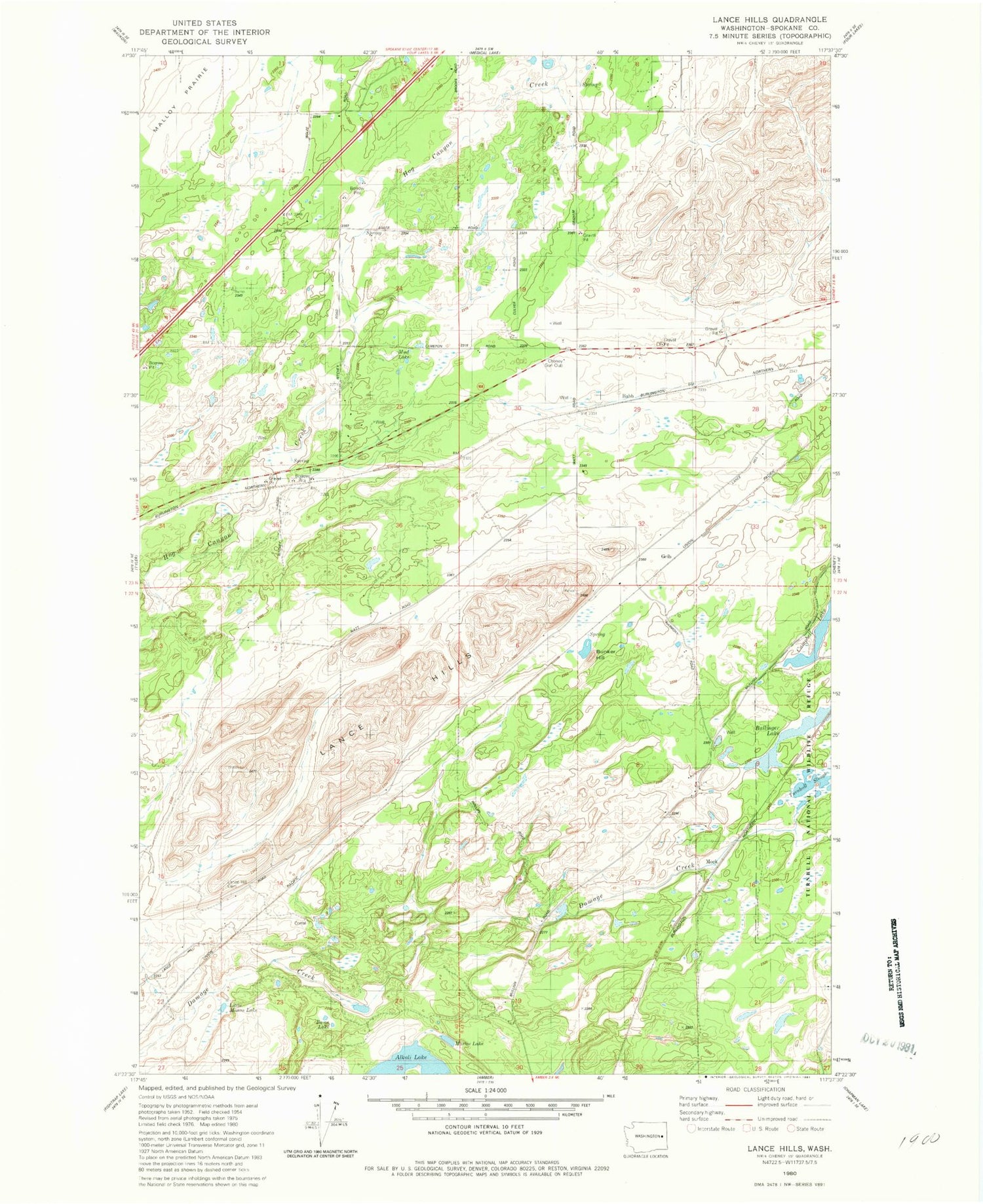 Classic USGS Lance Hills Washington 7.5'x7.5' Topo Map Image