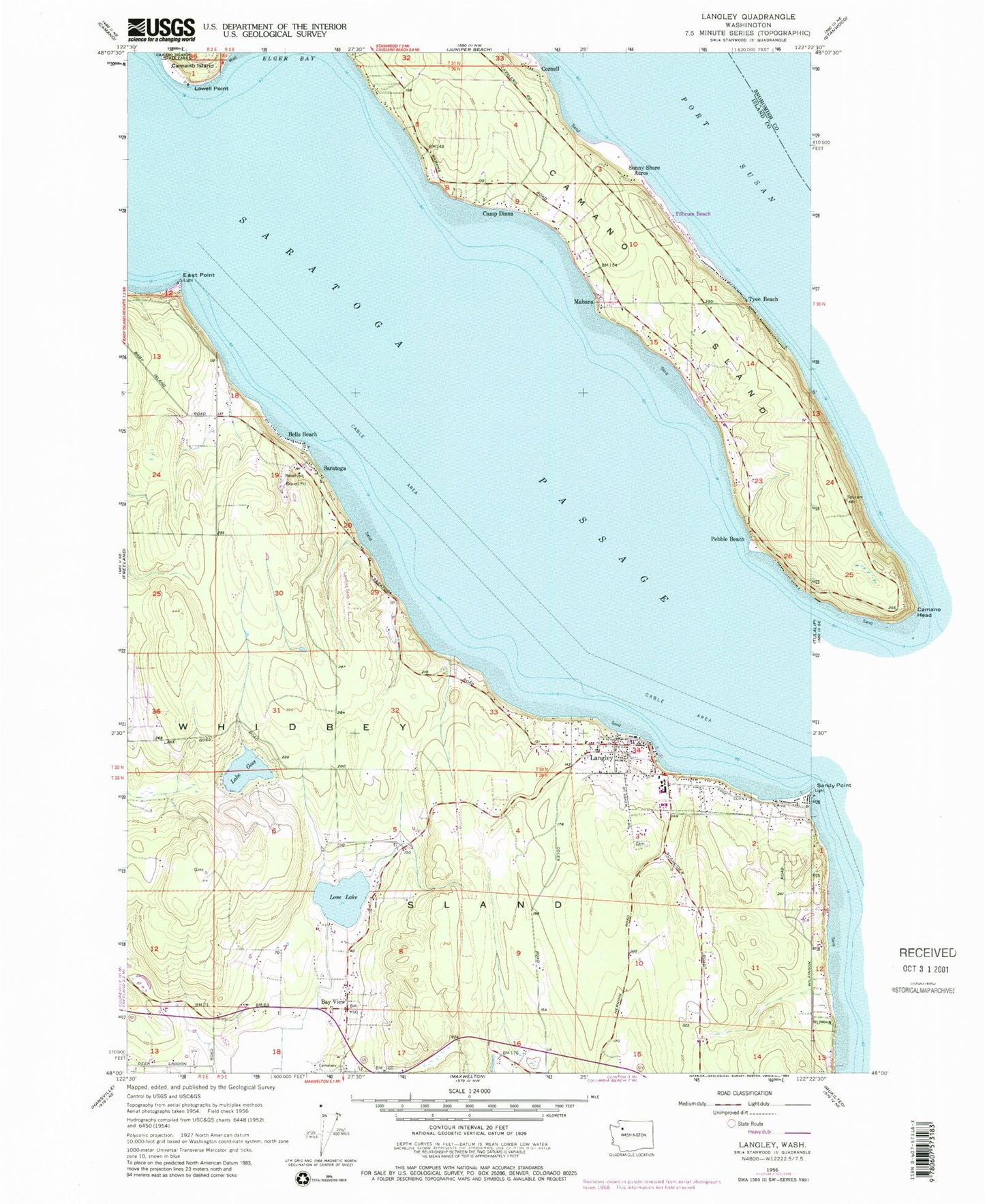 Classic USGS Langley Washington 7.5'x7.5' Topo Map Image