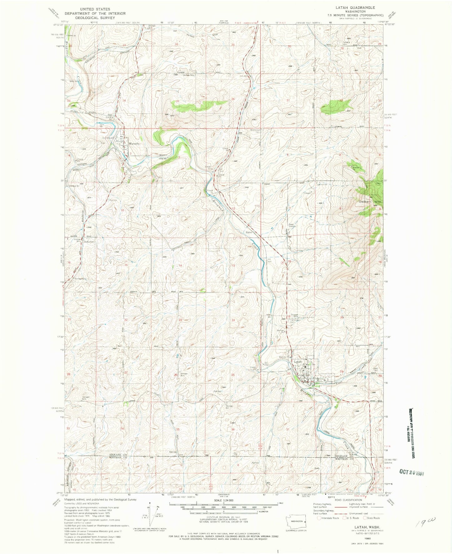 Classic USGS Latah Washington 7.5'x7.5' Topo Map Image