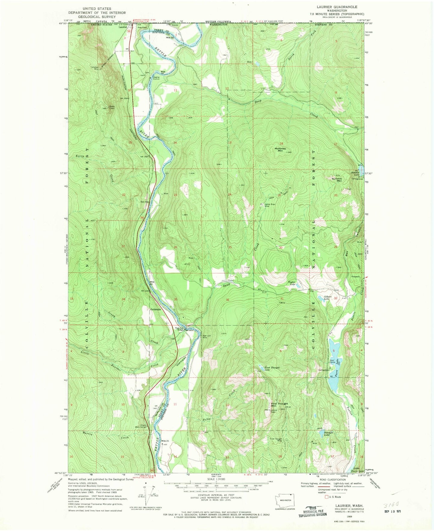 Classic USGS Laurier Washington 7.5'x7.5' Topo Map Image