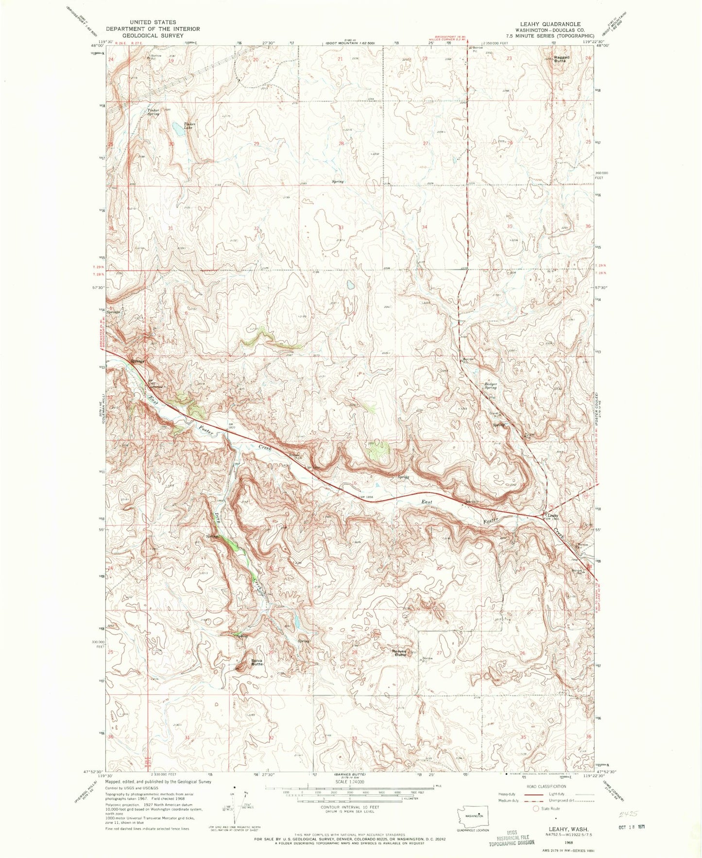Classic USGS Leahy Washington 7.5'x7.5' Topo Map Image
