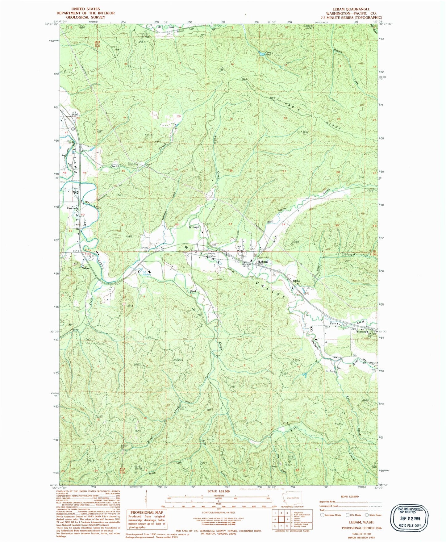 Classic USGS Lebam Washington 7.5'x7.5' Topo Map Image