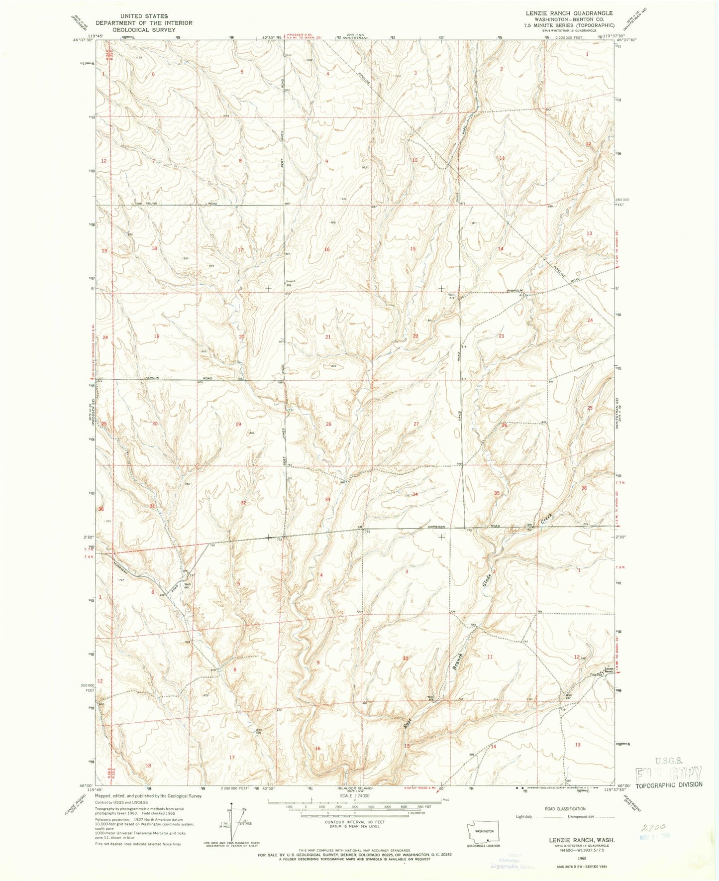 Classic USGS Lenzie Ranch Washington 7.5'x7.5' Topo Map Image