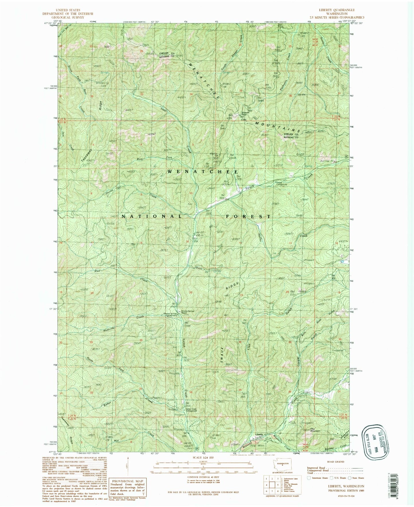 Classic USGS Liberty Washington 7.5'x7.5' Topo Map Image