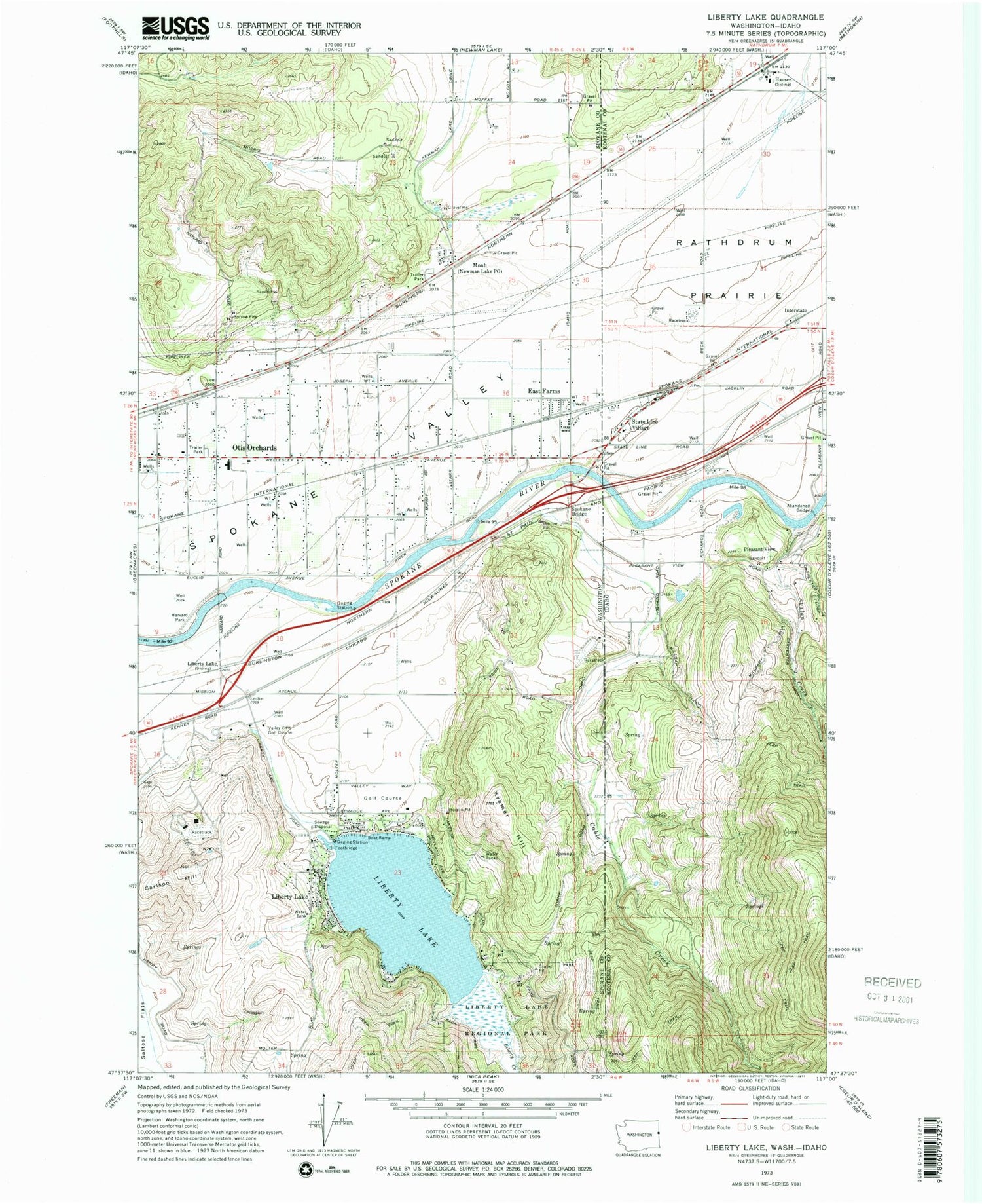 Classic USGS Liberty Lake Washington 7.5'x7.5' Topo Map Image