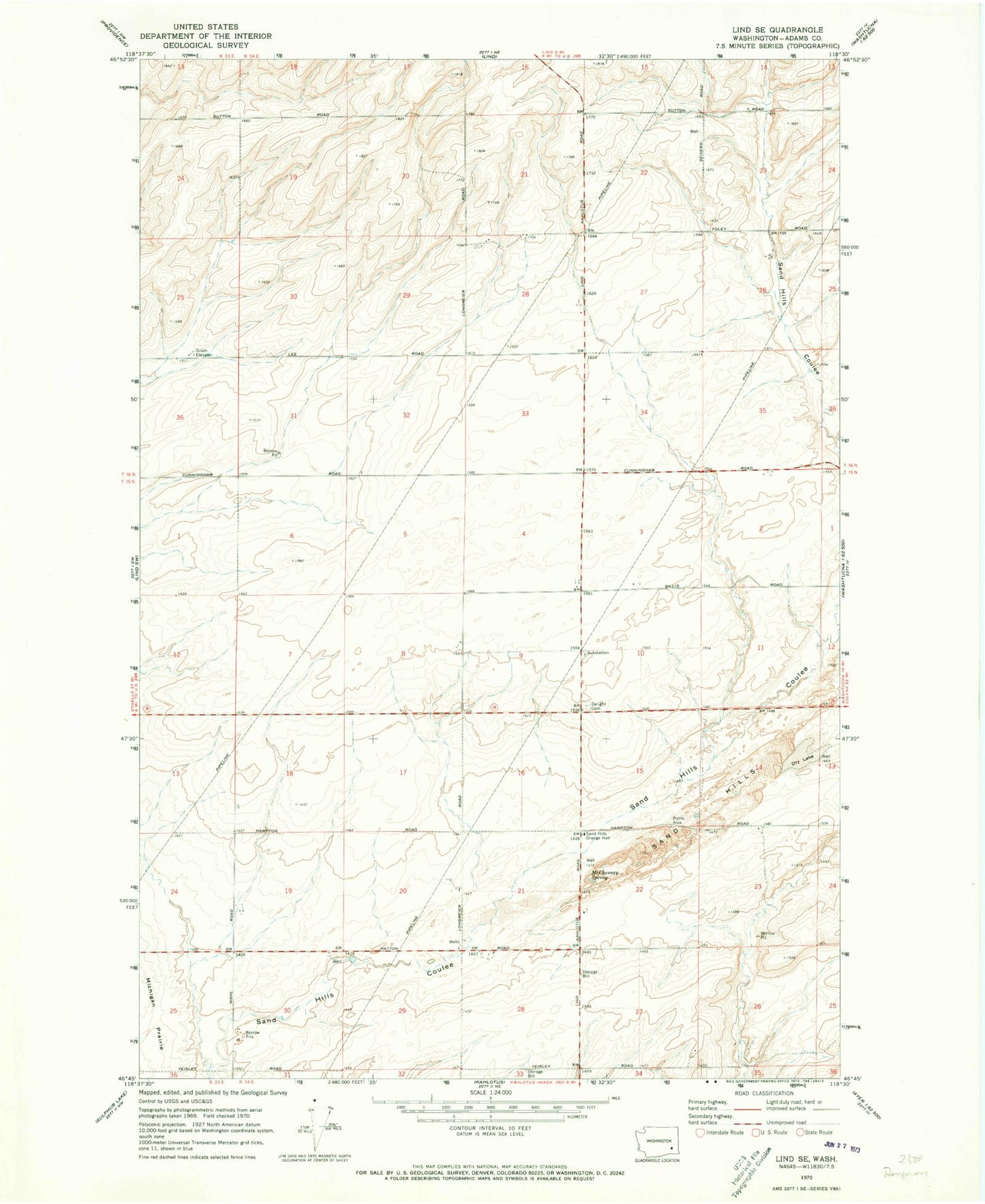 Classic USGS Lind SE Washington 7.5'x7.5' Topo Map Image