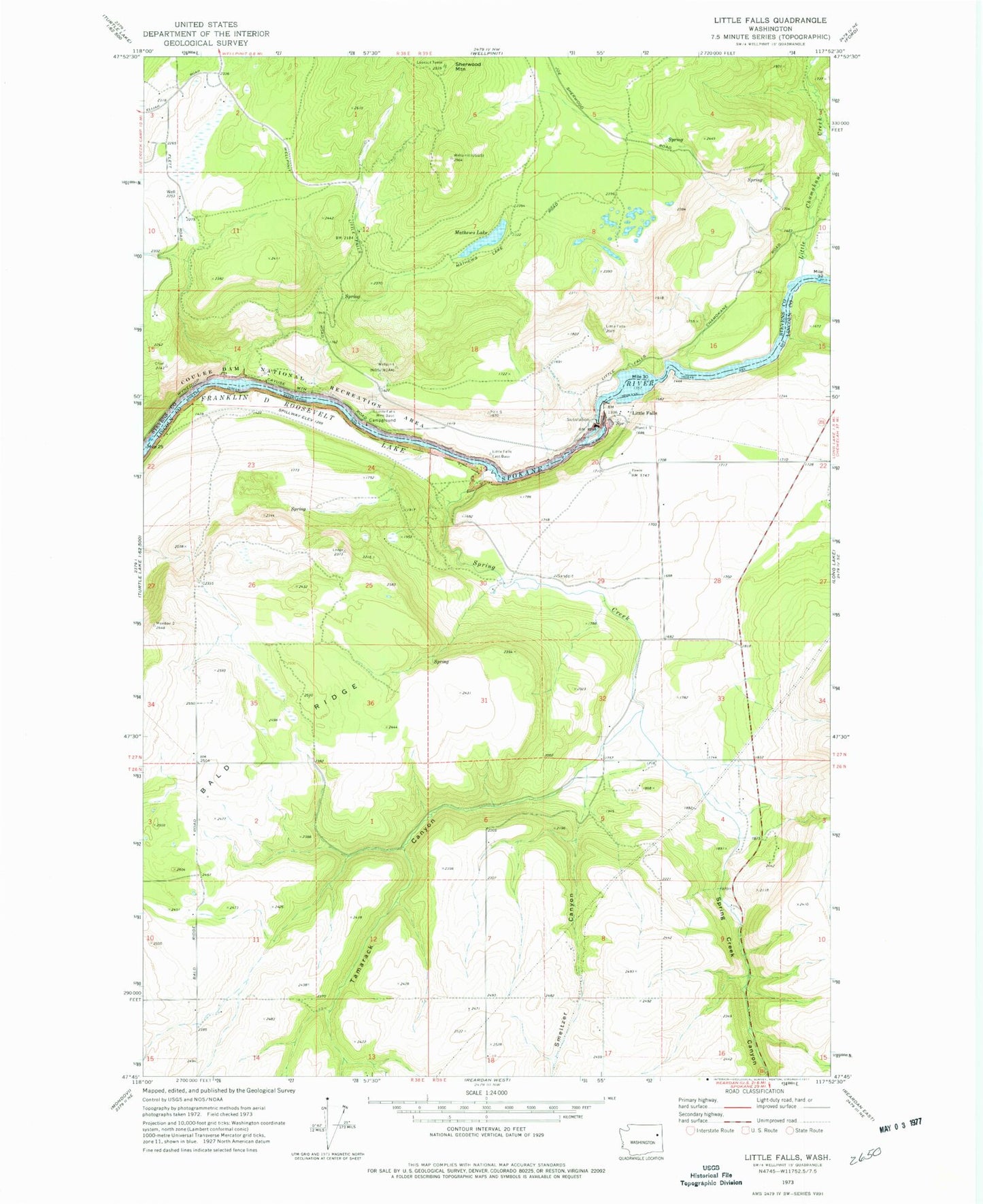 Classic USGS Little Falls Washington 7.5'x7.5' Topo Map Image