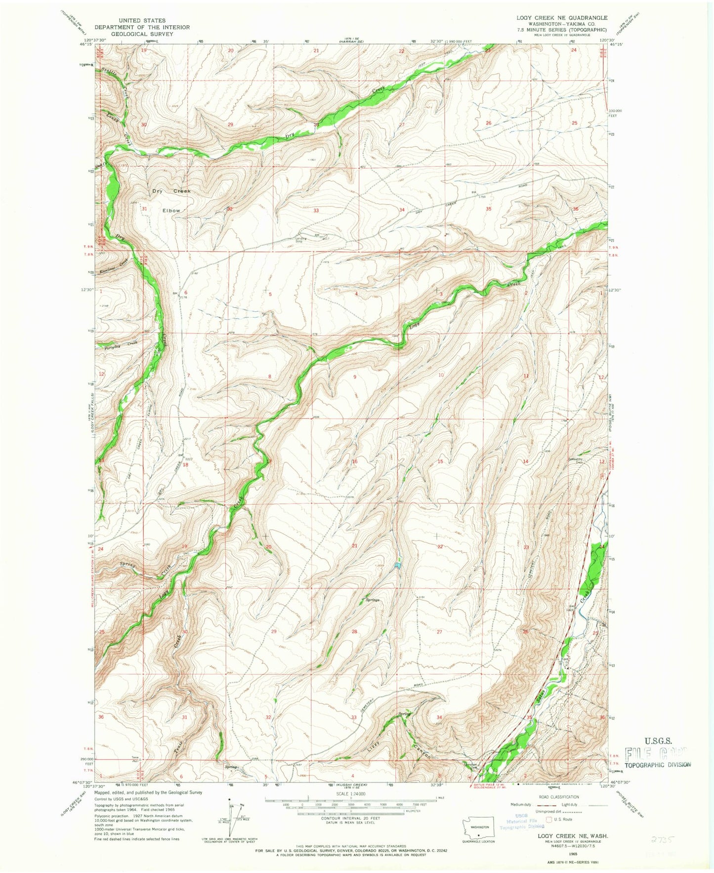 Classic USGS Logy Creek NE Washington 7.5'x7.5' Topo Map Image