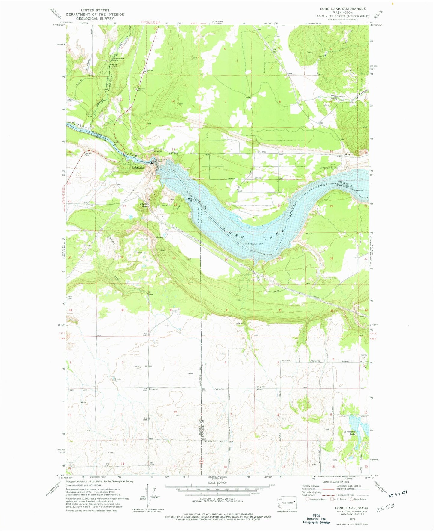 Classic USGS Long Lake Washington 7.5'x7.5' Topo Map Image