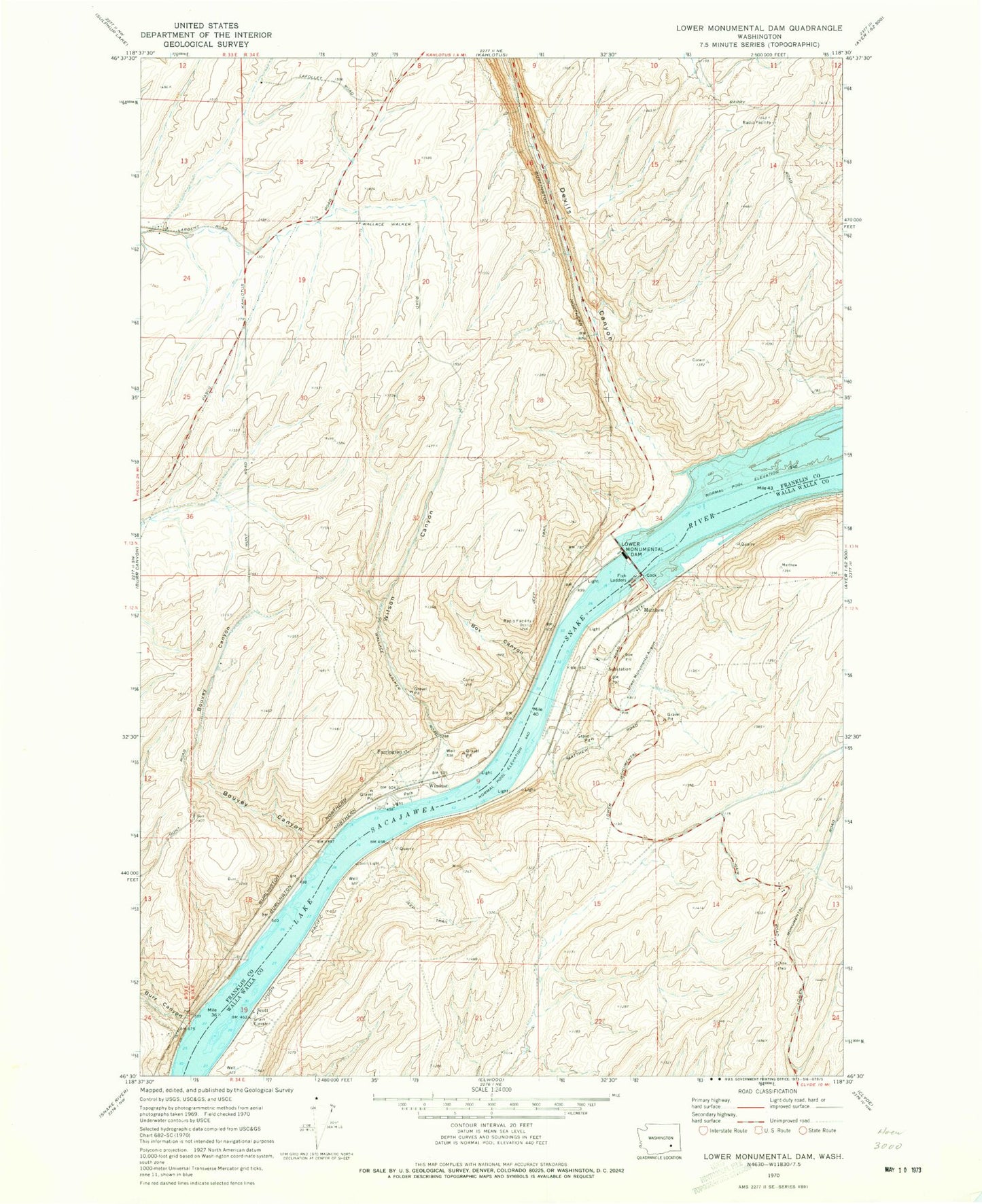 Classic USGS Lower Monumental Dam Washington 7.5'x7.5' Topo Map Image