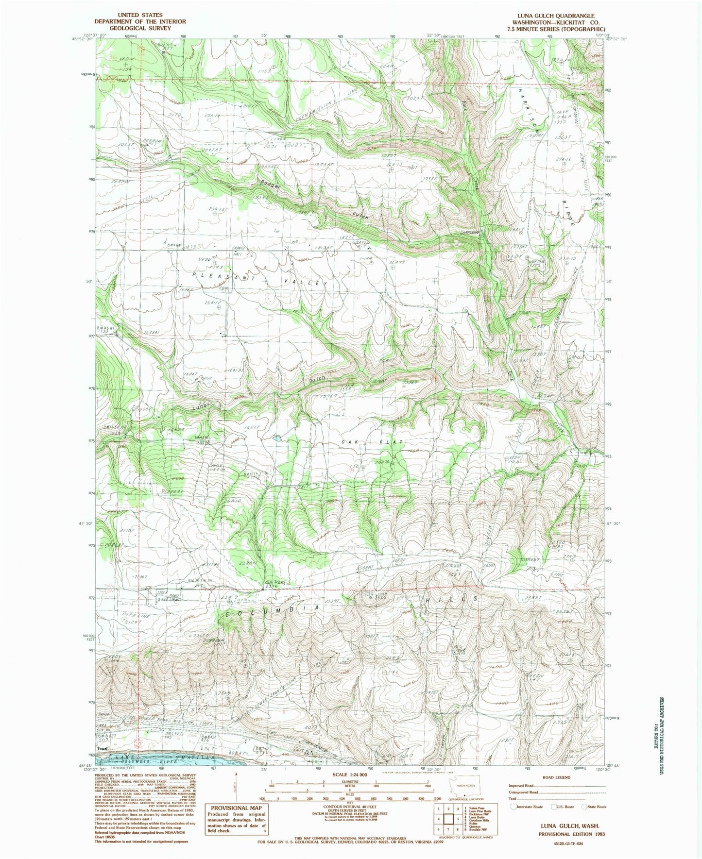 Classic USGS Luna Gulch Washington 7.5'x7.5' Topo Map Image
