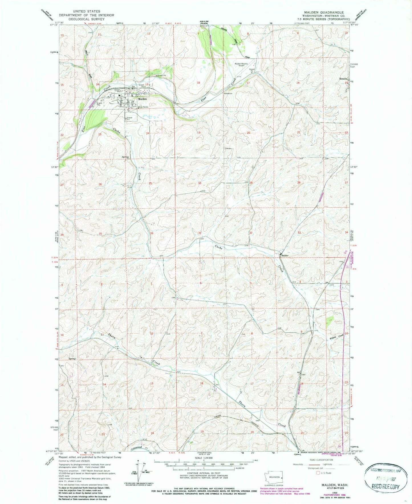 Classic USGS Malden Washington 7.5'x7.5' Topo Map Image