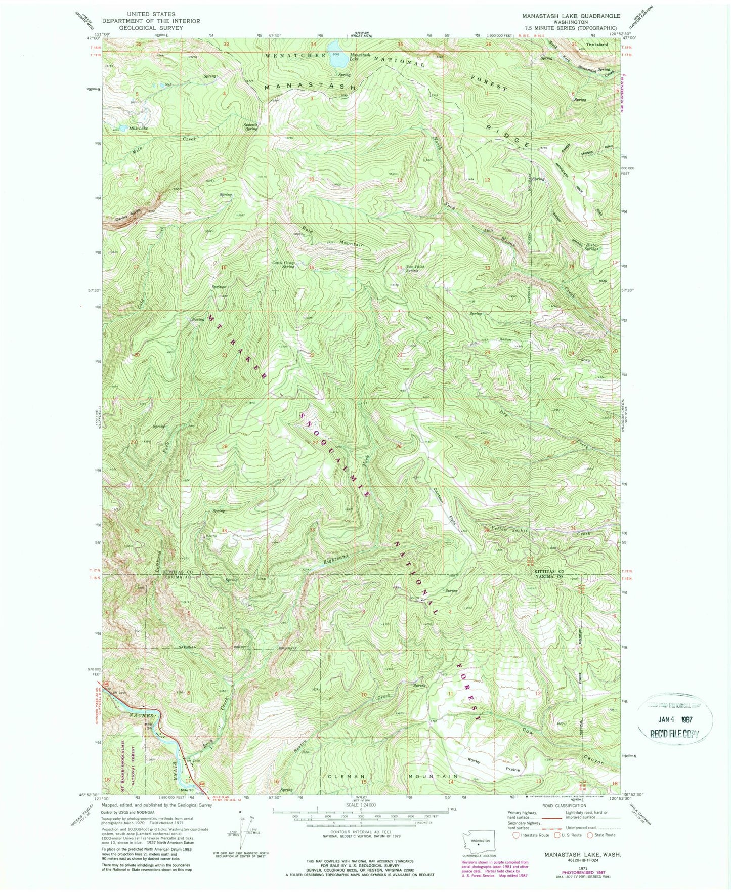 Classic USGS Manastash Lake Washington 7.5'x7.5' Topo Map Image