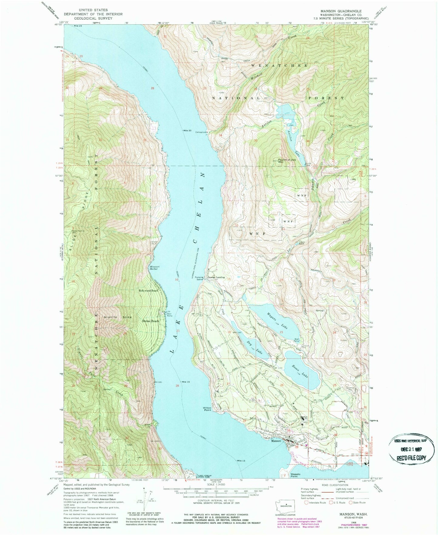 Classic USGS Manson Washington 7.5'x7.5' Topo Map Image