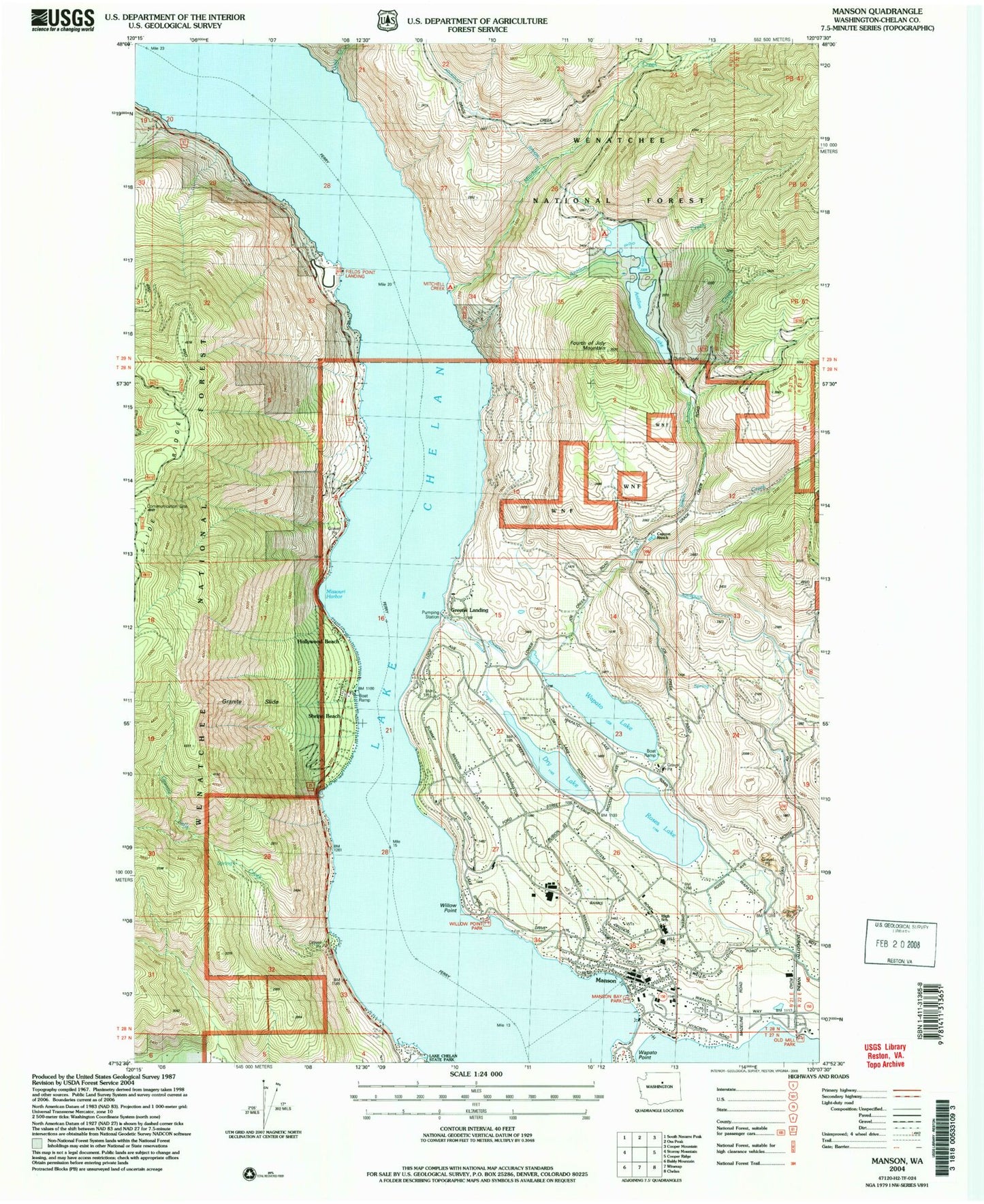 Classic USGS Manson Washington 7.5'x7.5' Topo Map Image