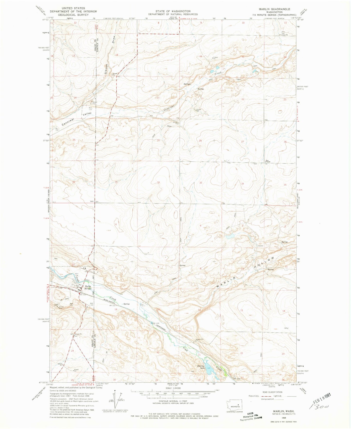 Classic USGS Marlin Washington 7.5'x7.5' Topo Map Image