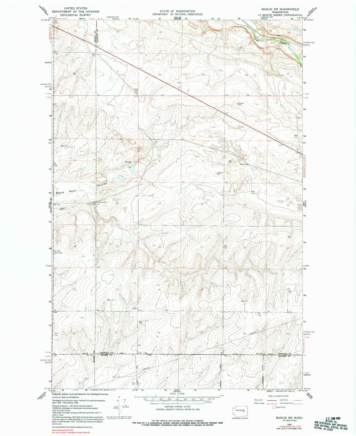 Classic USGS Marlin SW Washington 7.5'x7.5' Topo Map Image