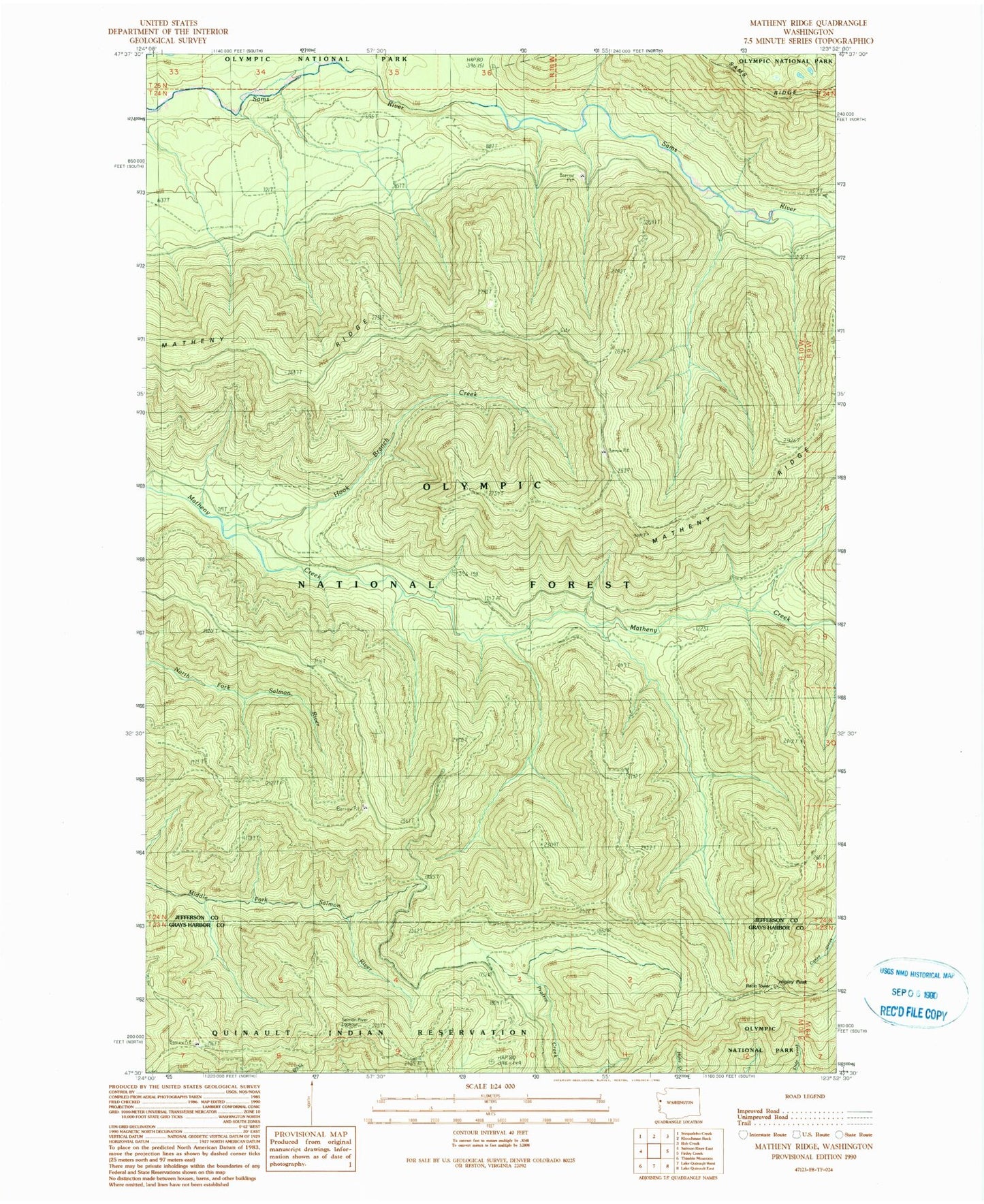 Classic USGS Matheny Ridge Washington 7.5'x7.5' Topo Map Image