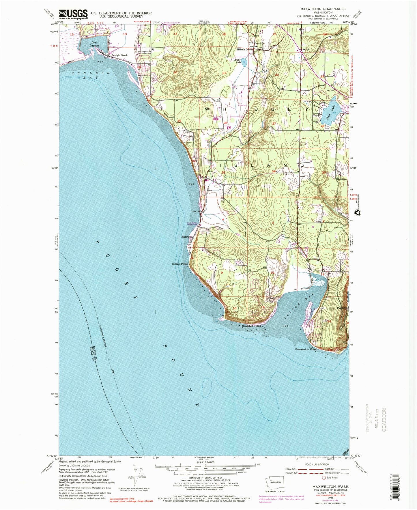 Classic USGS Maxwelton Washington 7.5'x7.5' Topo Map Image