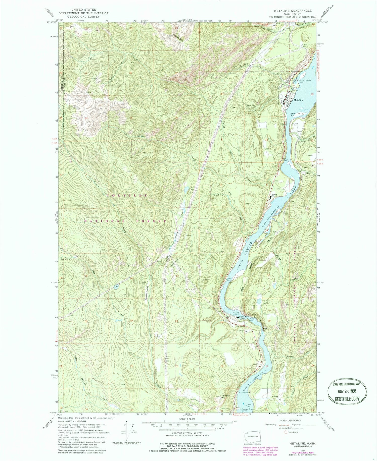 Classic USGS Metaline Washington 7.5'x7.5' Topo Map Image
