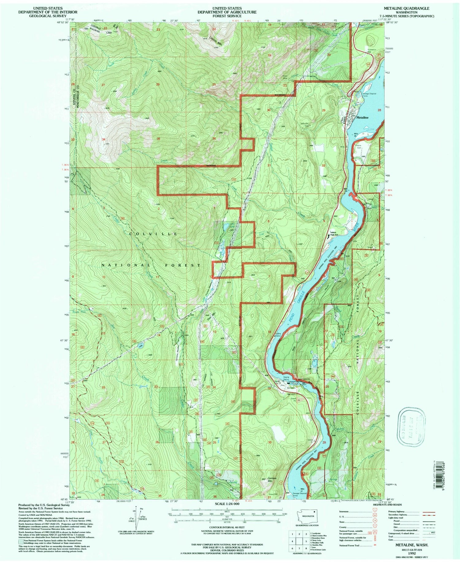Classic USGS Metaline Washington 7.5'x7.5' Topo Map Image
