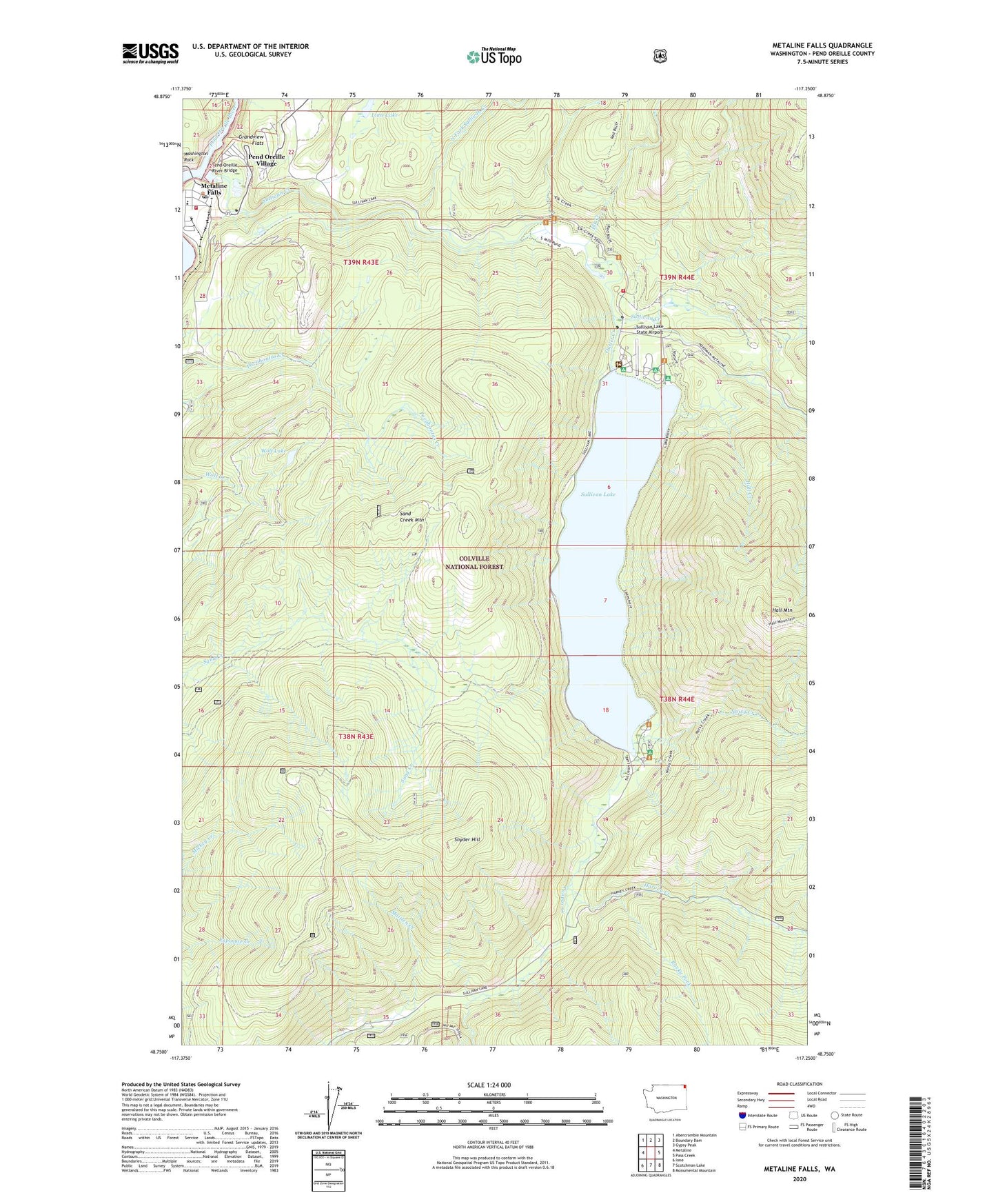 Metaline Falls Washington US Topo Map Image