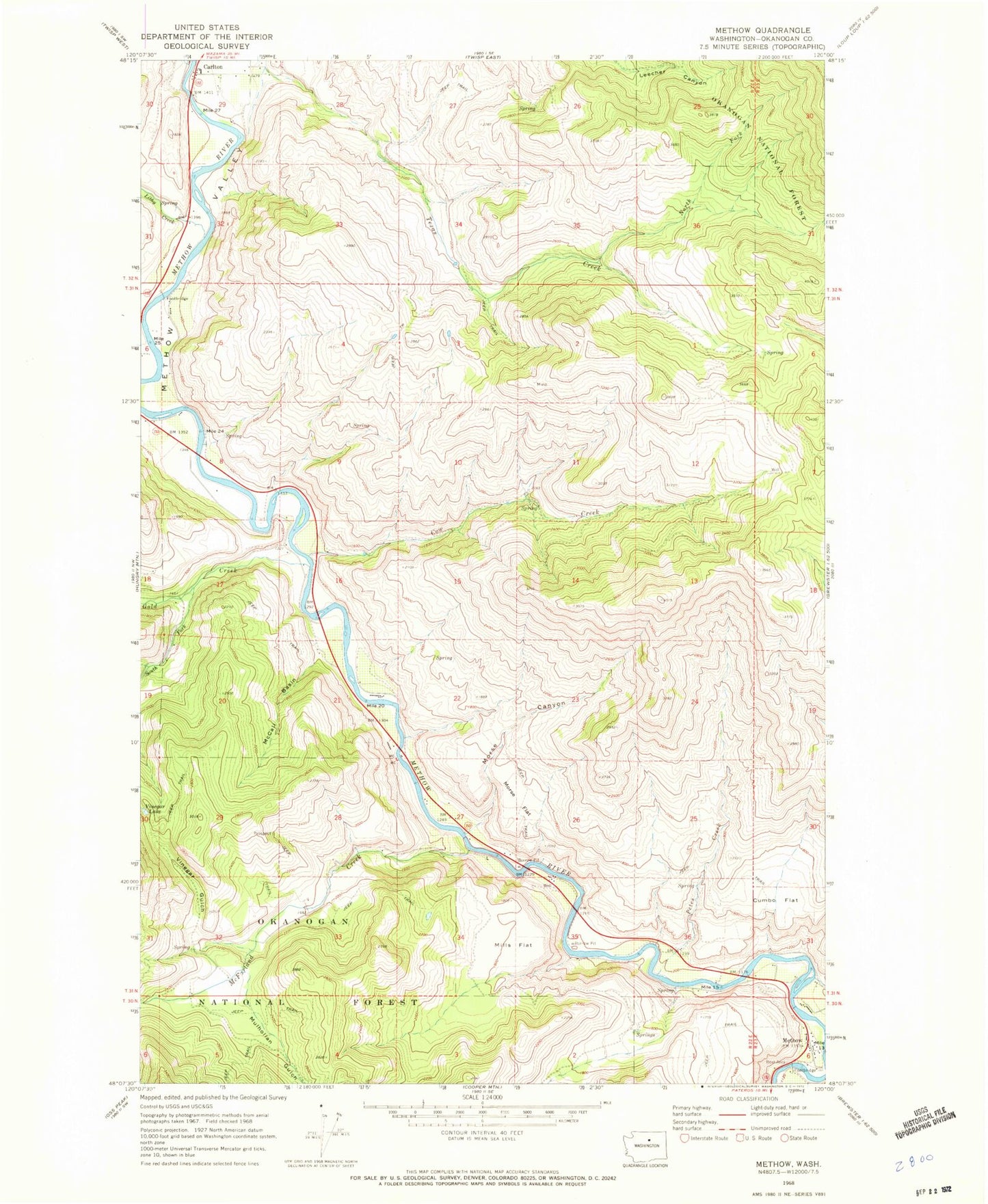 Classic USGS Methow Washington 7.5'x7.5' Topo Map Image