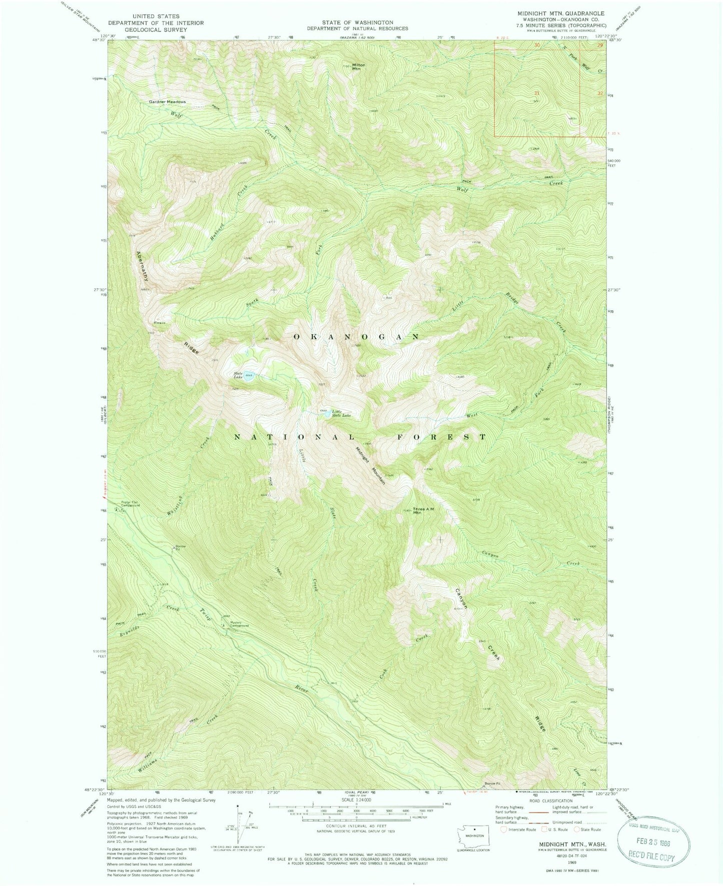 Classic USGS Midnight Mountain Washington 7.5'x7.5' Topo Map Image