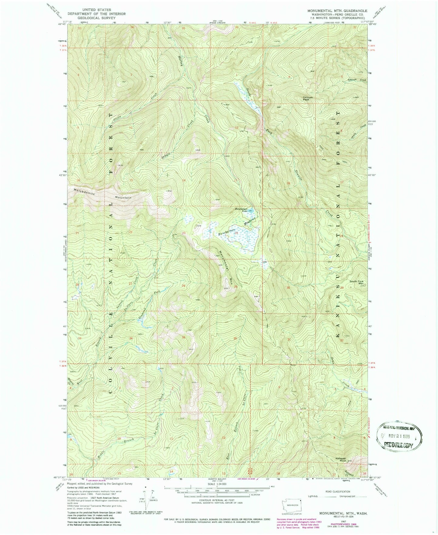 Classic USGS Monumental Mountain Washington 7.5'x7.5' Topo Map Image