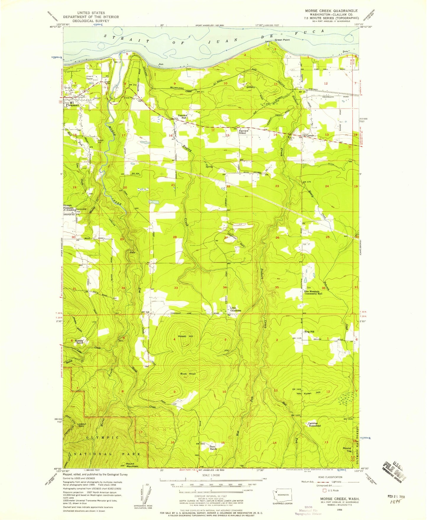 Classic USGS Morse Creek Washington 7.5'x7.5' Topo Map Image