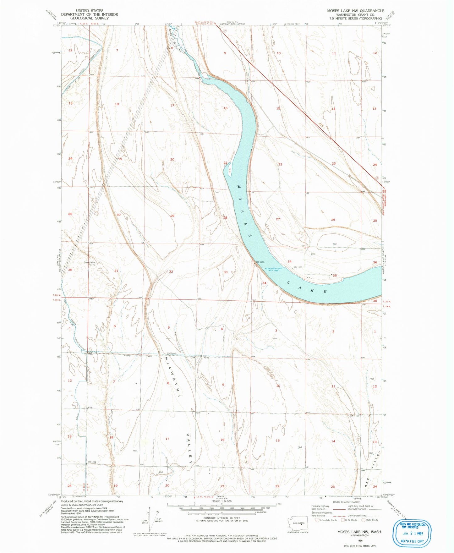 Classic USGS Moses Lake NW Washington 7.5'x7.5' Topo Map Image